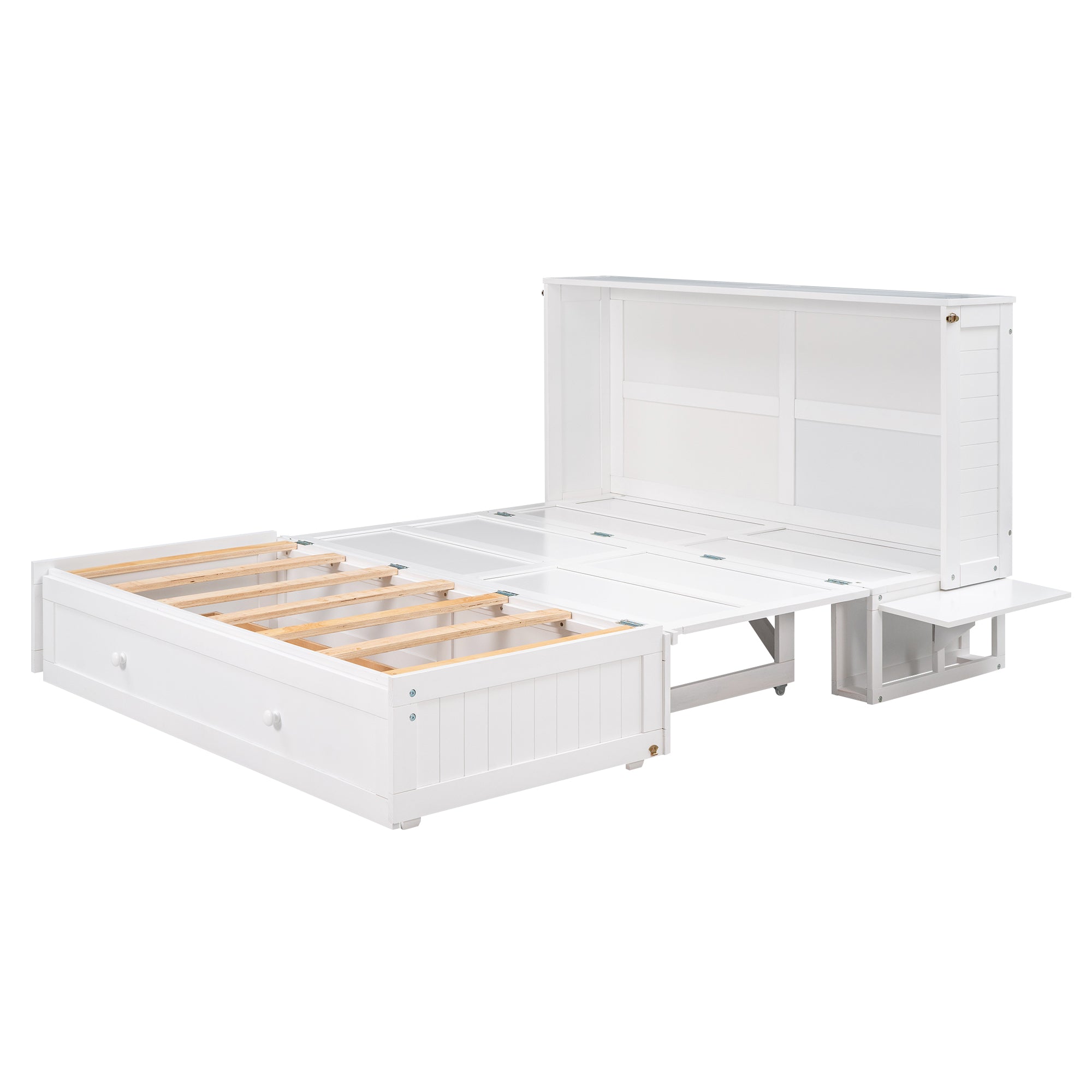 Queen Size Mobile Murphy Bed with Drawer and Little Shelves on Each Side White