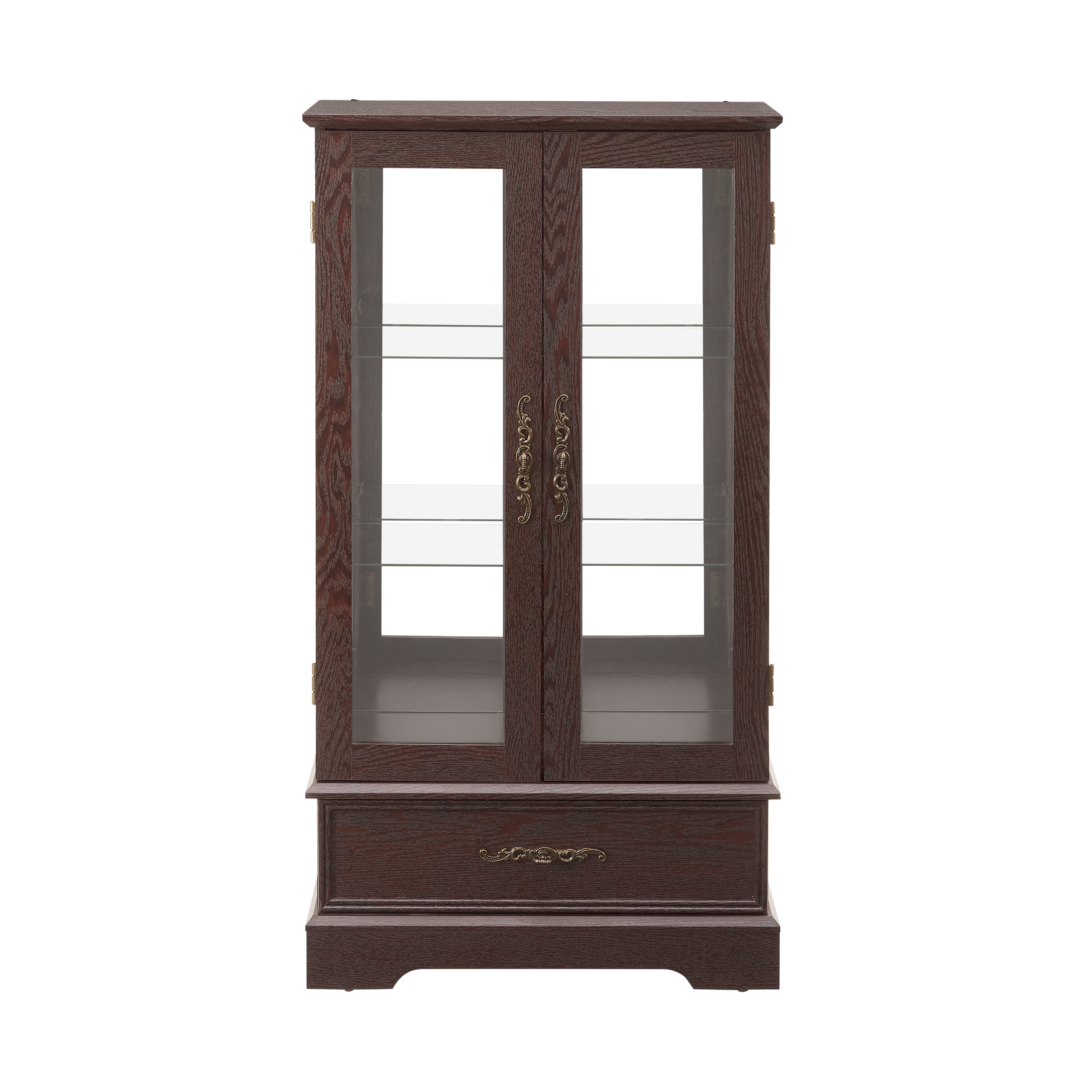 Light colored glass cabinet with adjustable glass frame Curio display cabinet, 2 doors and 1 drawer light bulb cherry color