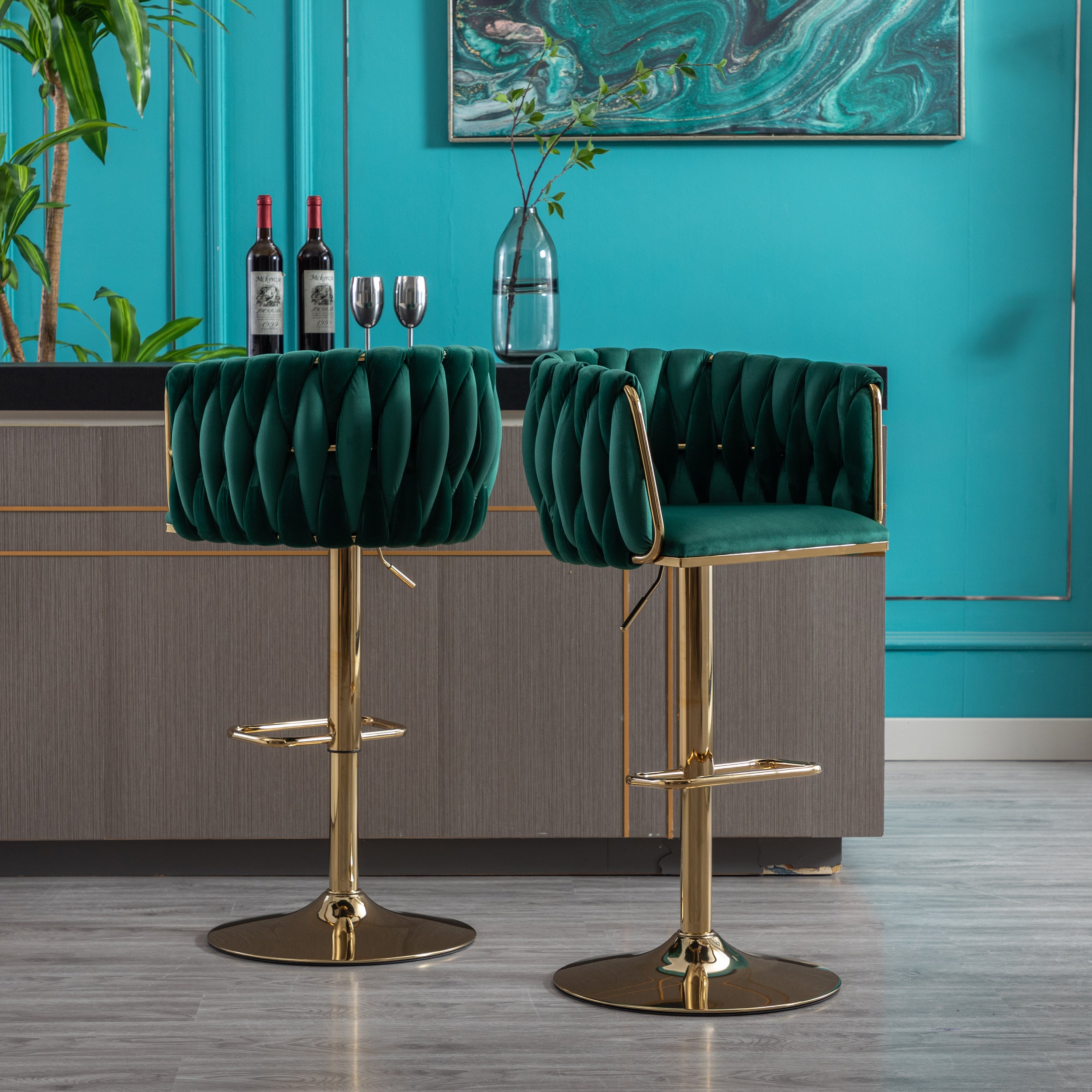 Set of 2 Bar Stools with Chrome Footrest and Base Swivel Height Velvet + Golden Leg Simple Bar Stool-Green