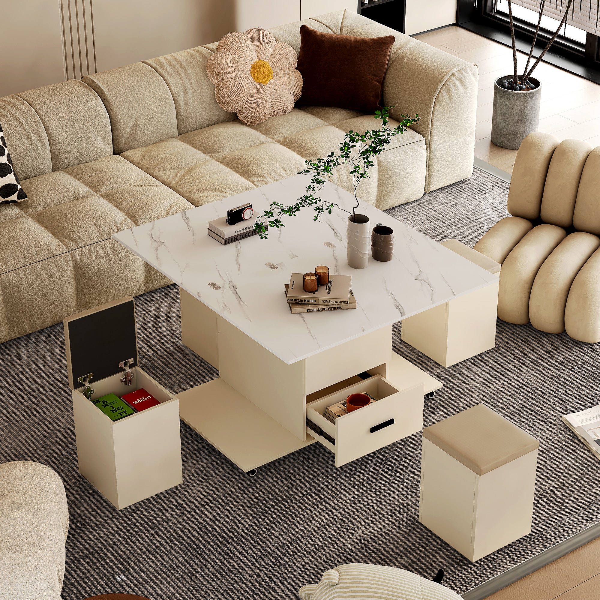 Modern lift coffee table, living room with 4 chairs, expandable 1 hidden storage space+2 drawers, folding dining table