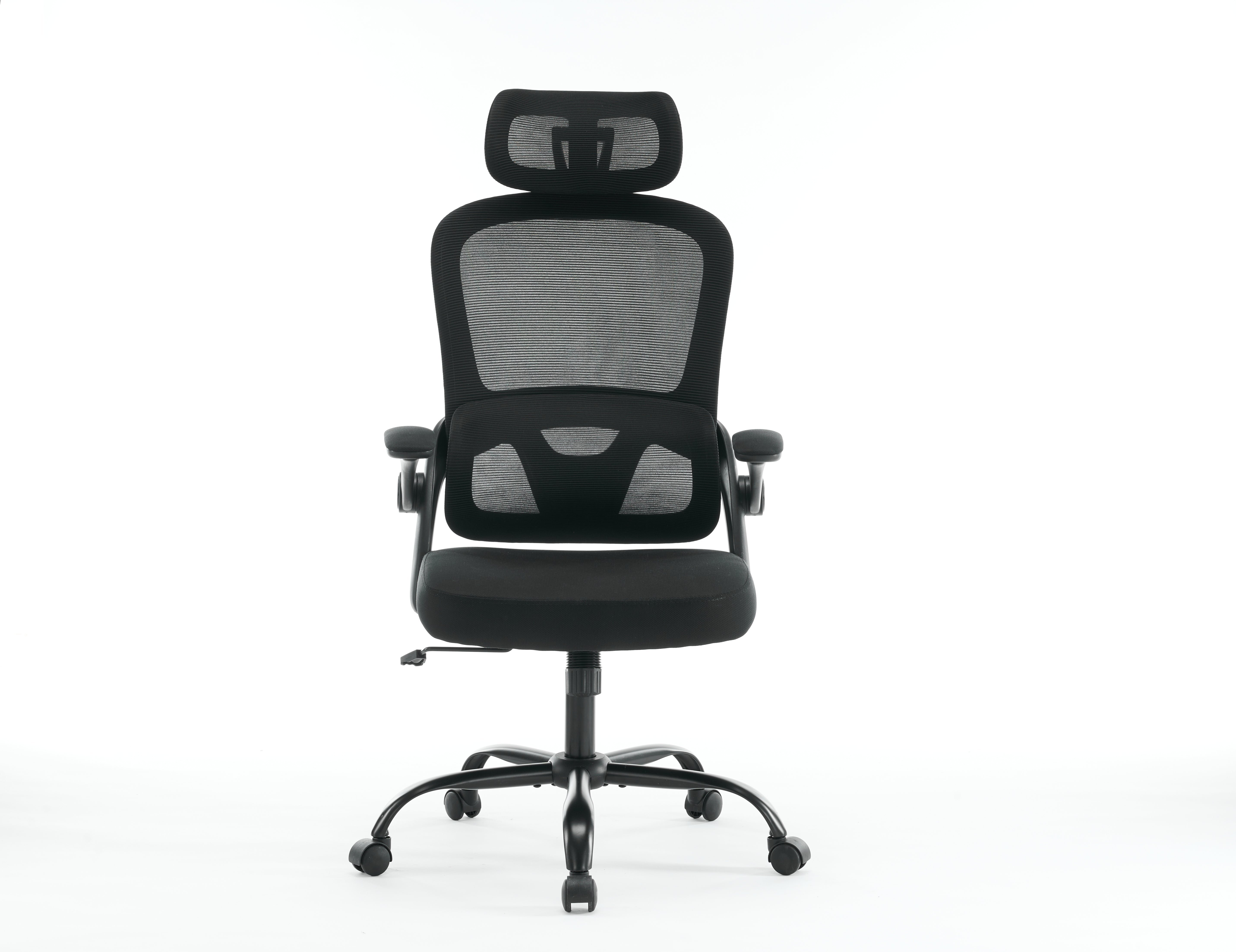 High backrest mesh office chair with 3D armrests, rotating computer task chair with adjustable 2D headrest, tilt function black