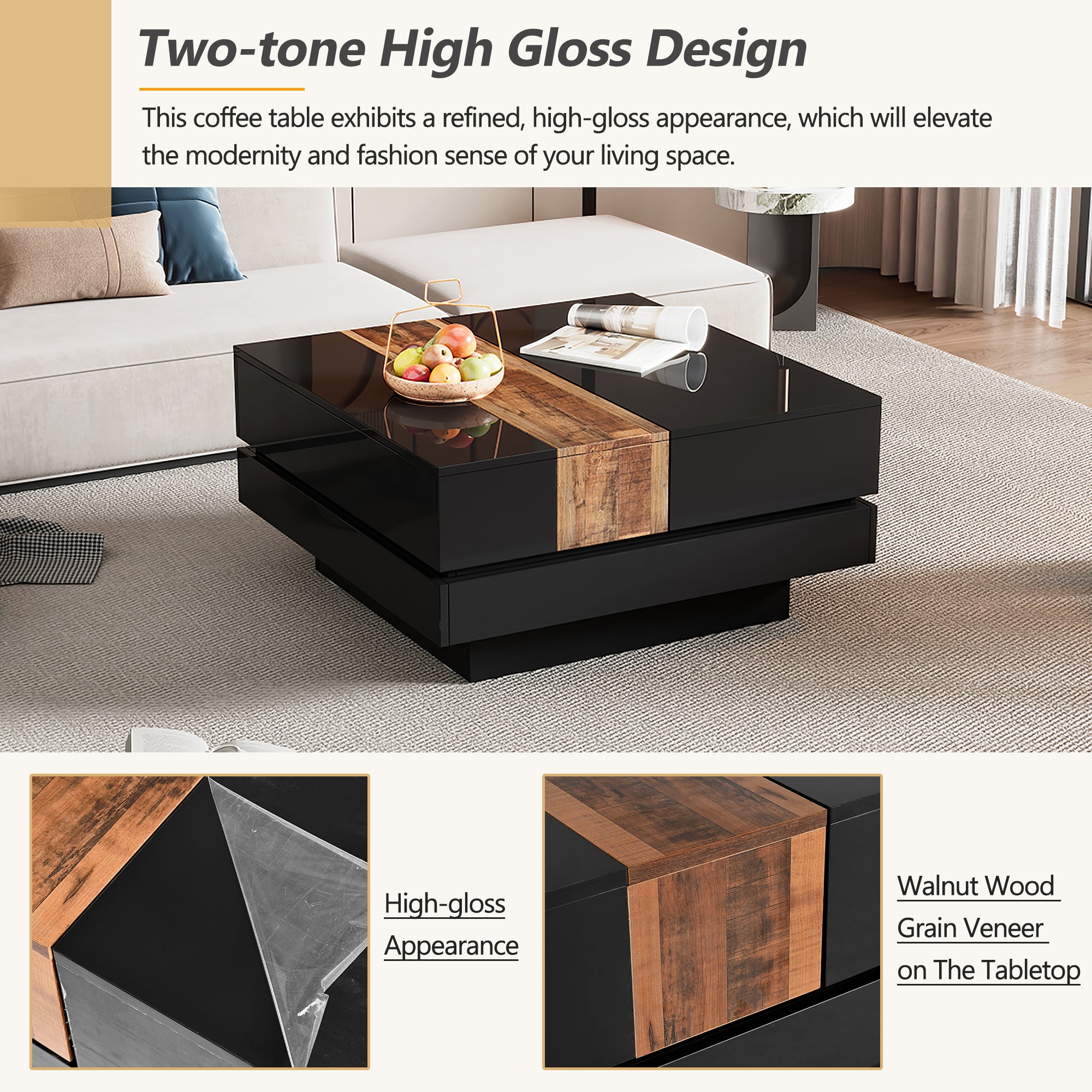 ON-TRANS 31.4 inches x 31.4 inches with sliding tabletop, high gloss center table, hidden storage room black