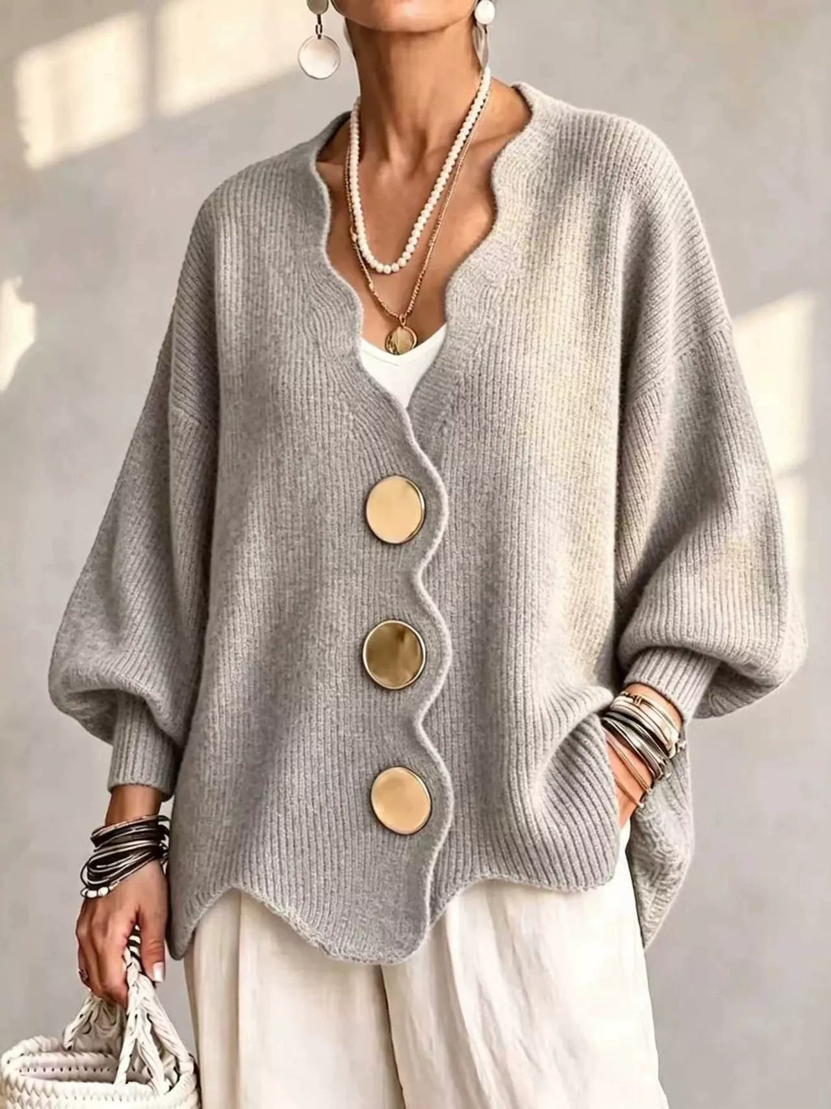 Scalloped-edge oversized button-down cardigan, Light Gray