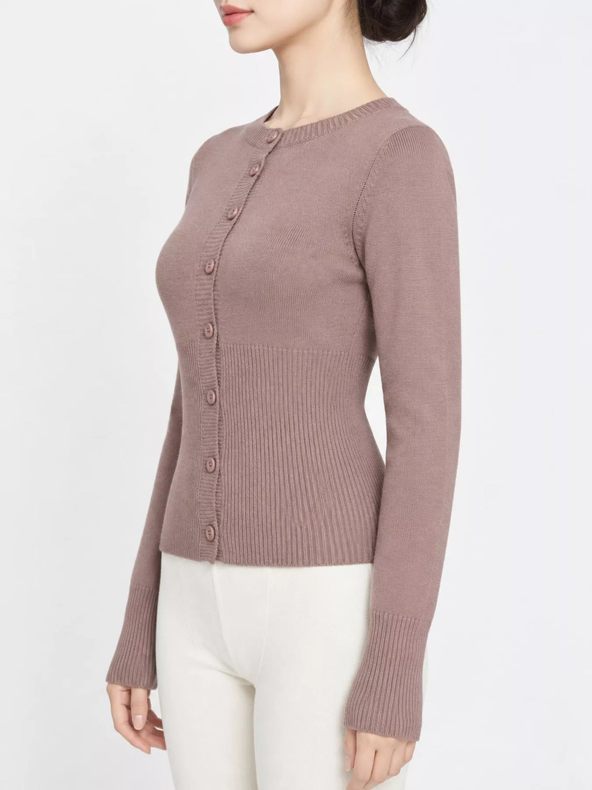 Slim-Fit Ribbed Knit Button-Down Cardigan, Light Brown
