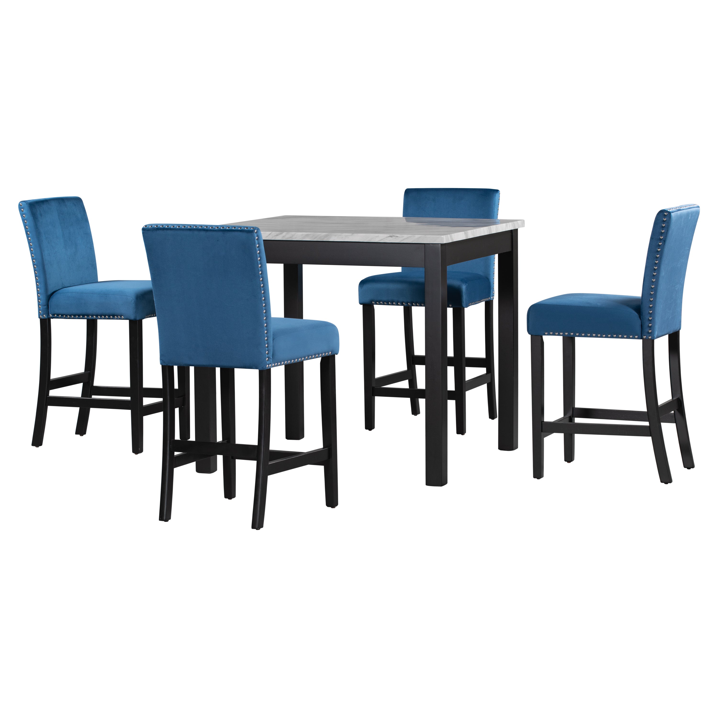 5-piece Counter Height Dining Table Set with One Faux Marble Dining Table and Four Upholstered-Seat Chairs Blue