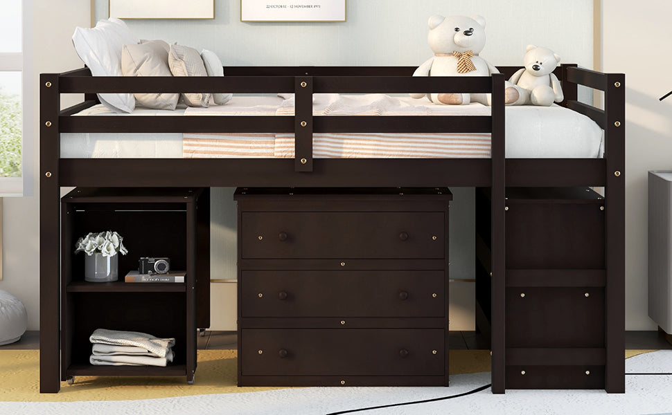 Low Study Full Loft Bed with Cabinet Shelves and Rolling Portable Desk Multiple Functions Bed- Espresso