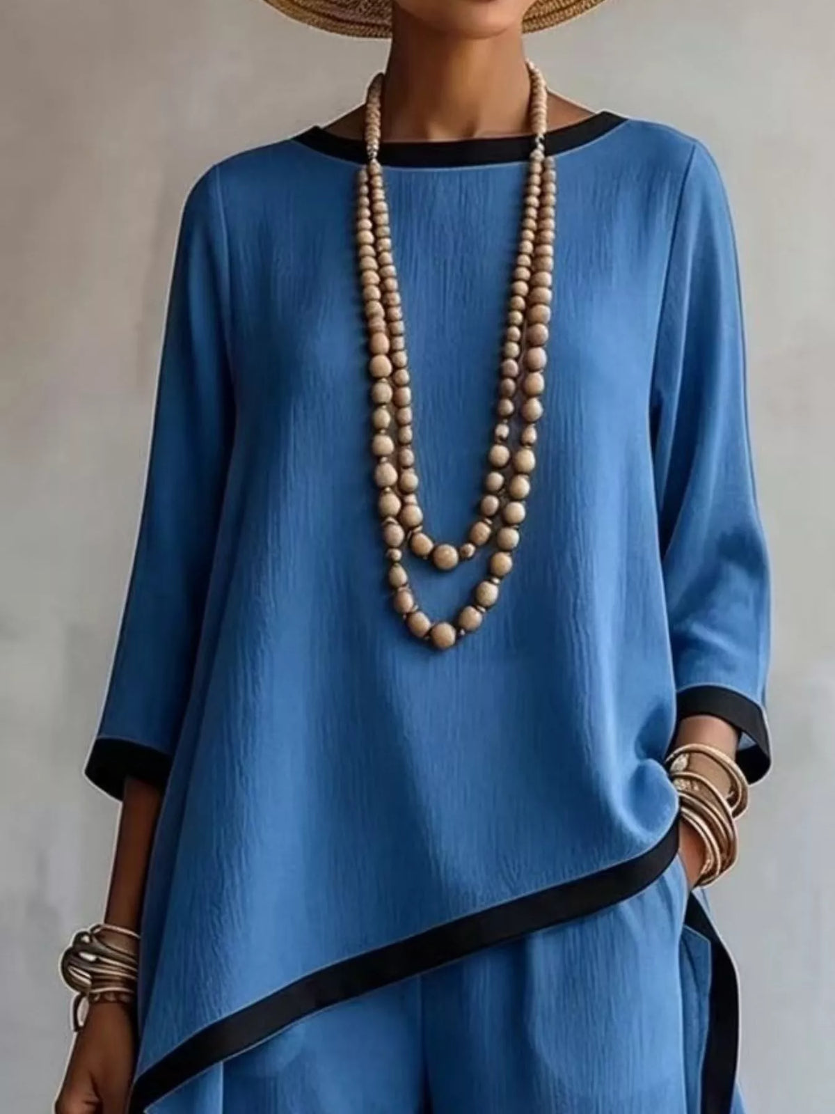 Contrast trim high-low top and pants set