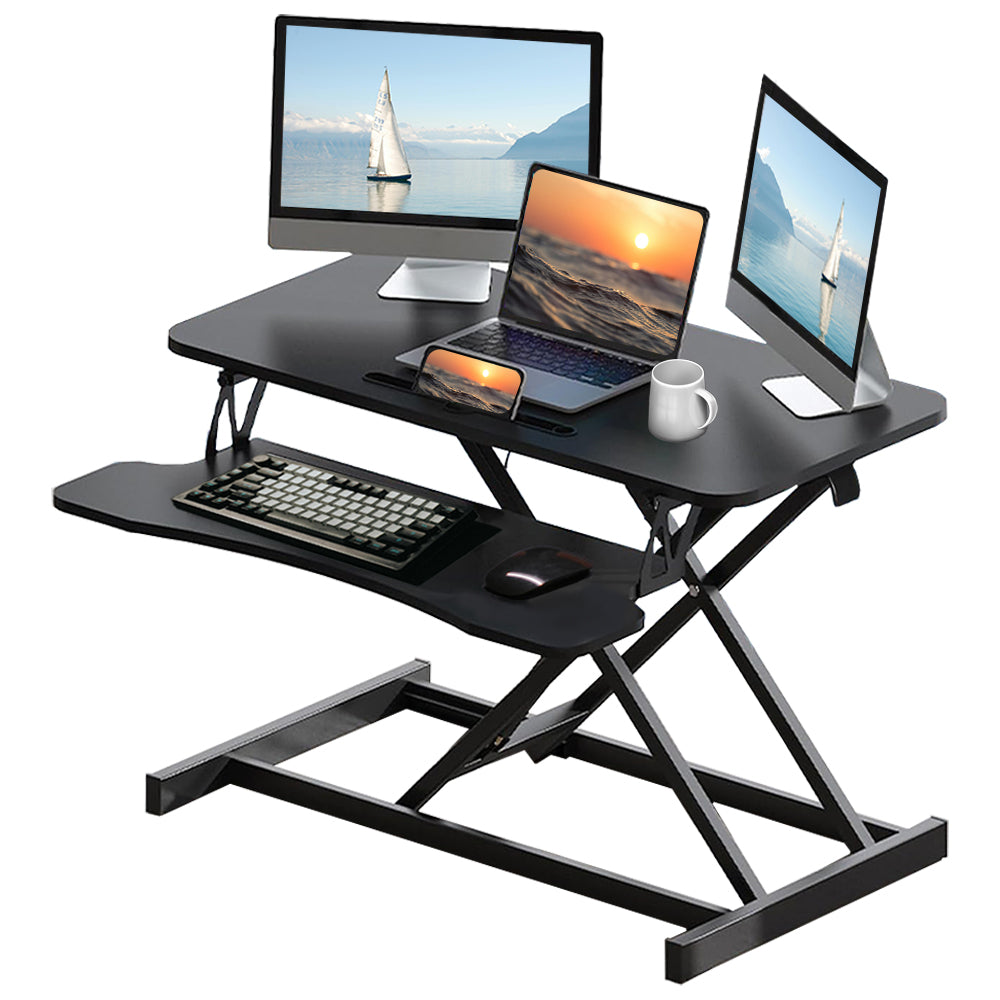 32 Inch Desk Converter, Height Adjustable Sit to Stand Riser, Dual Monitor and Laptop Workstation with Wide Keyboard Tray, Black