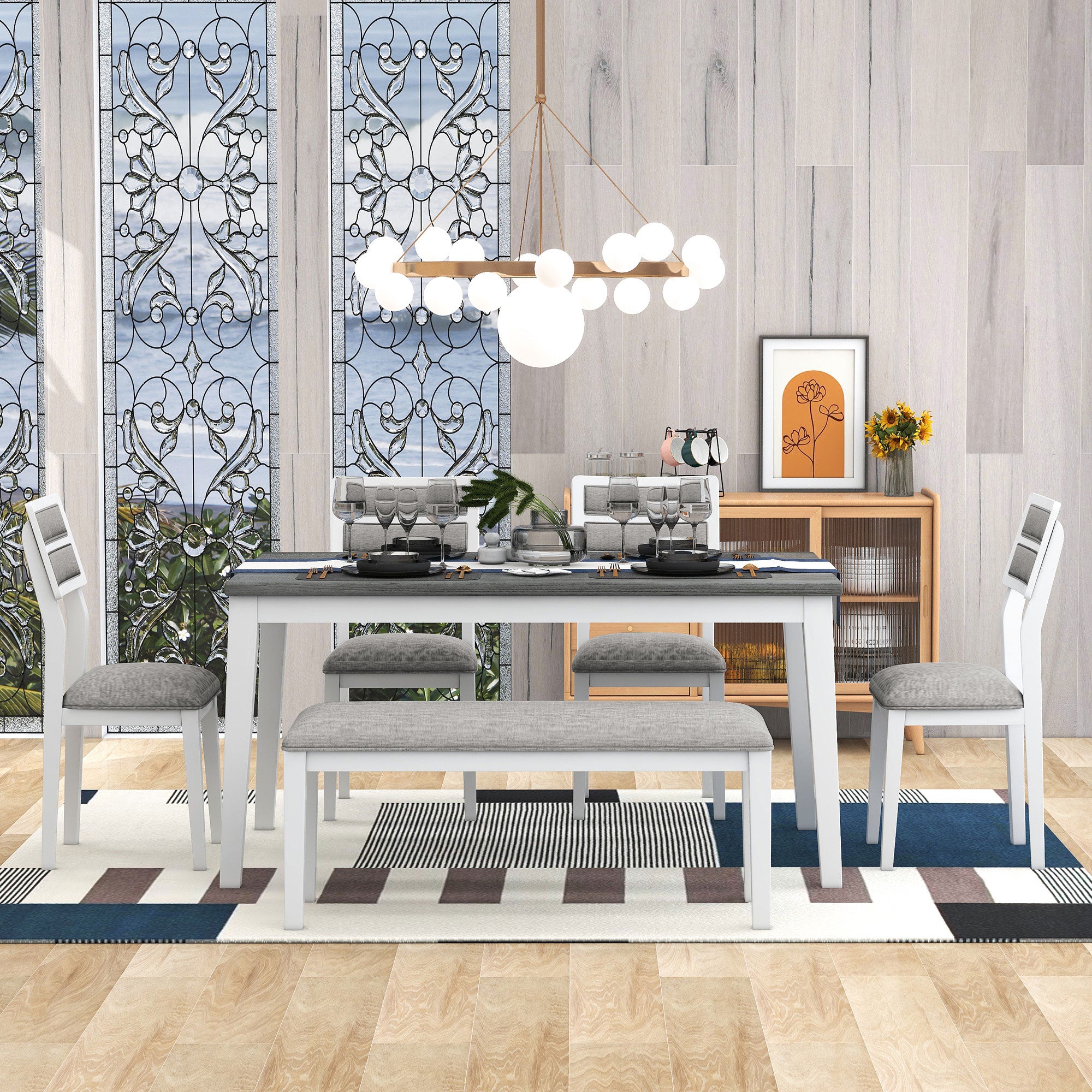 TREXM Classic and Traditional Style 6 - Piece Dining Set, Includes Dining Table  4 Upholstered Chairs & Bench (White+Gray)