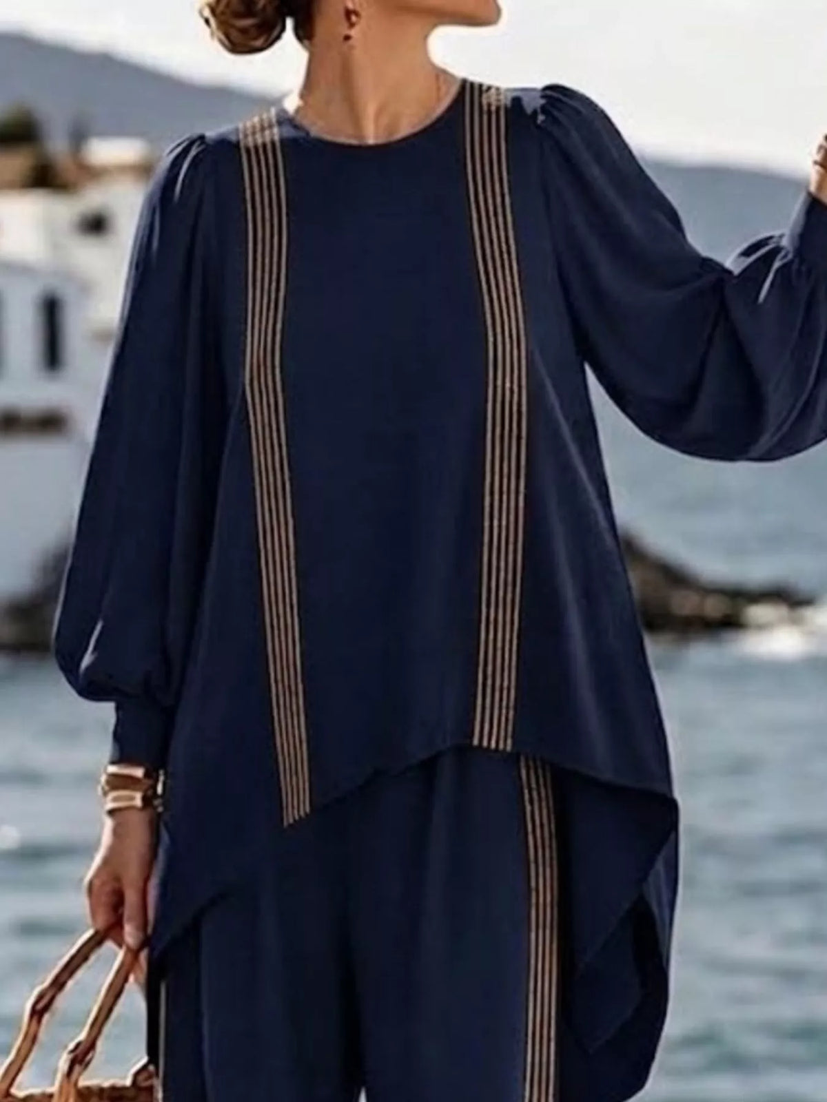 Striped round neck top and pants set
