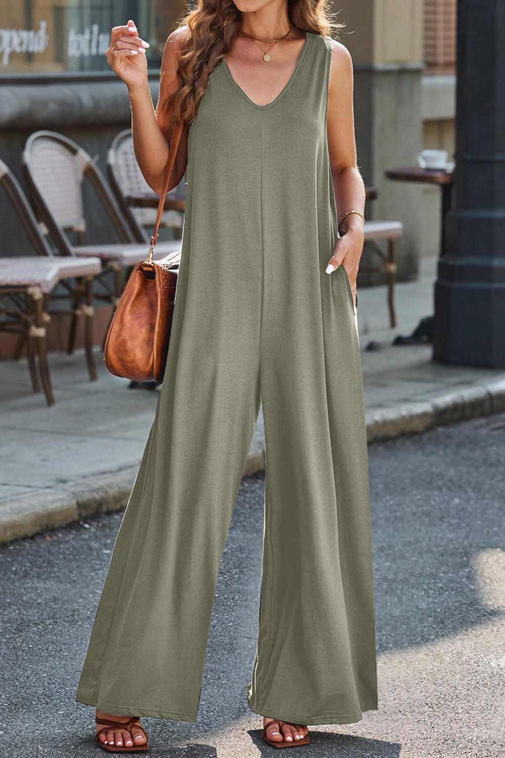 V-neck wide strap jumpsuit