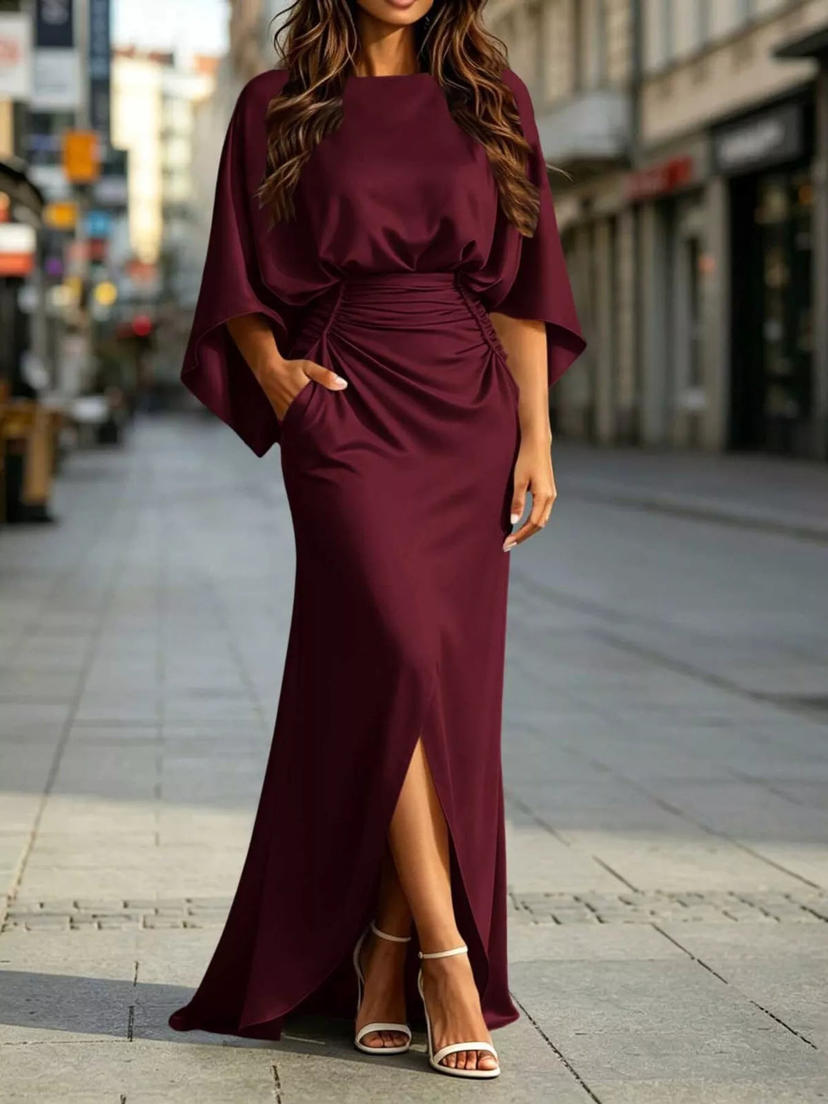 Ruched-waist pocket maxi dress – burgundy