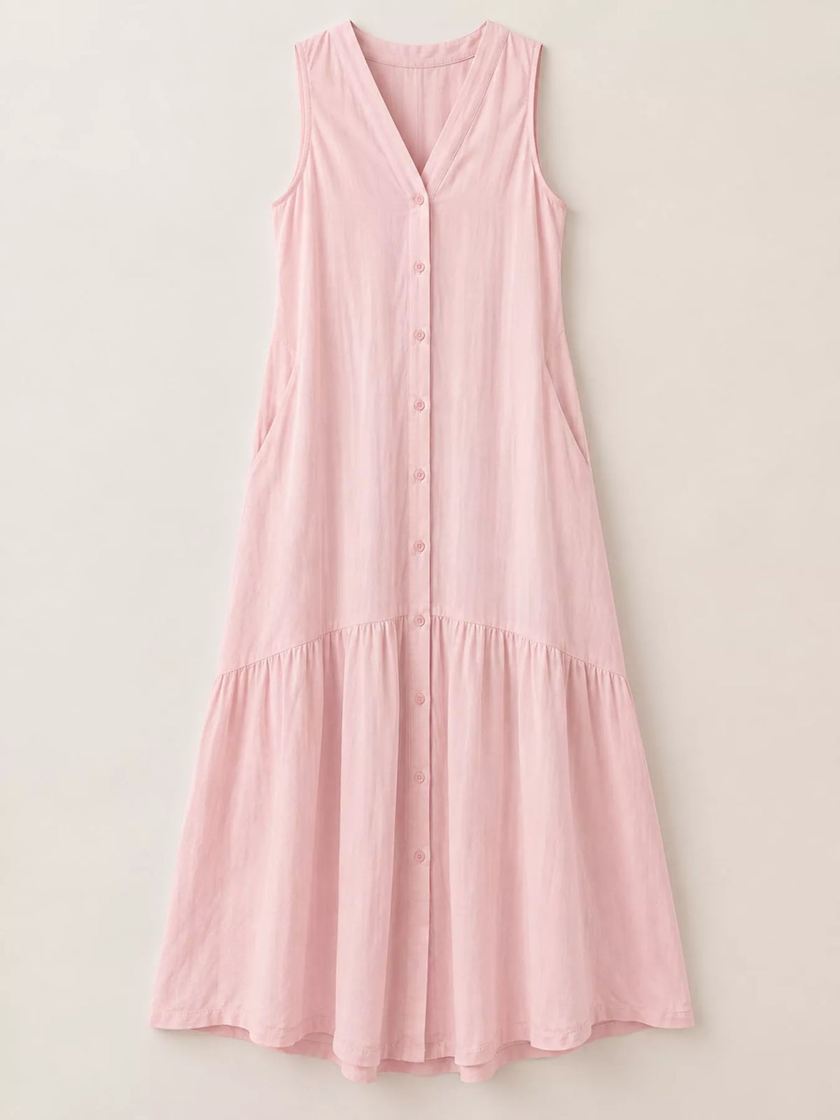 V-neck button front sleeveless midi dress