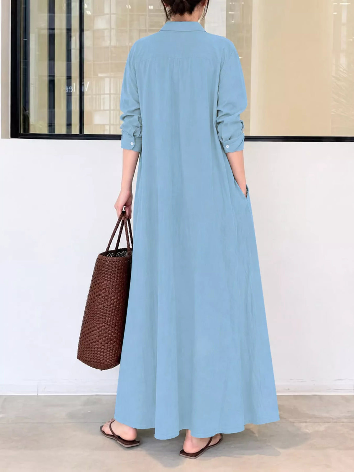 Button front long sleeve maxi shirt dress