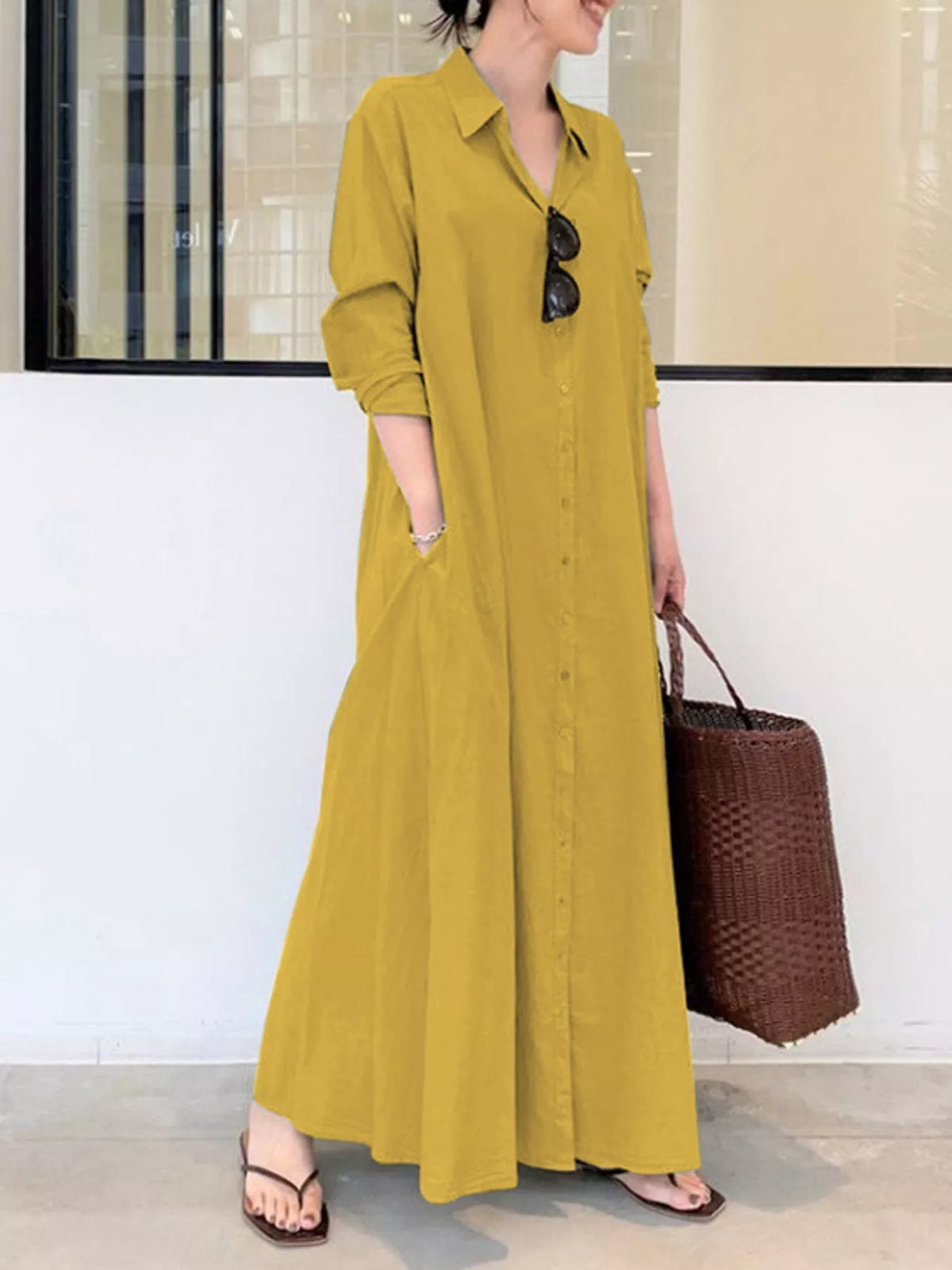 Button front long sleeve maxi shirt dress, Golden Yellow