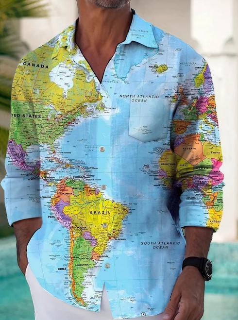 Casual Men's Long Sleeve Shirt Map 3D Printed Casual Autumn Cardigan Tops