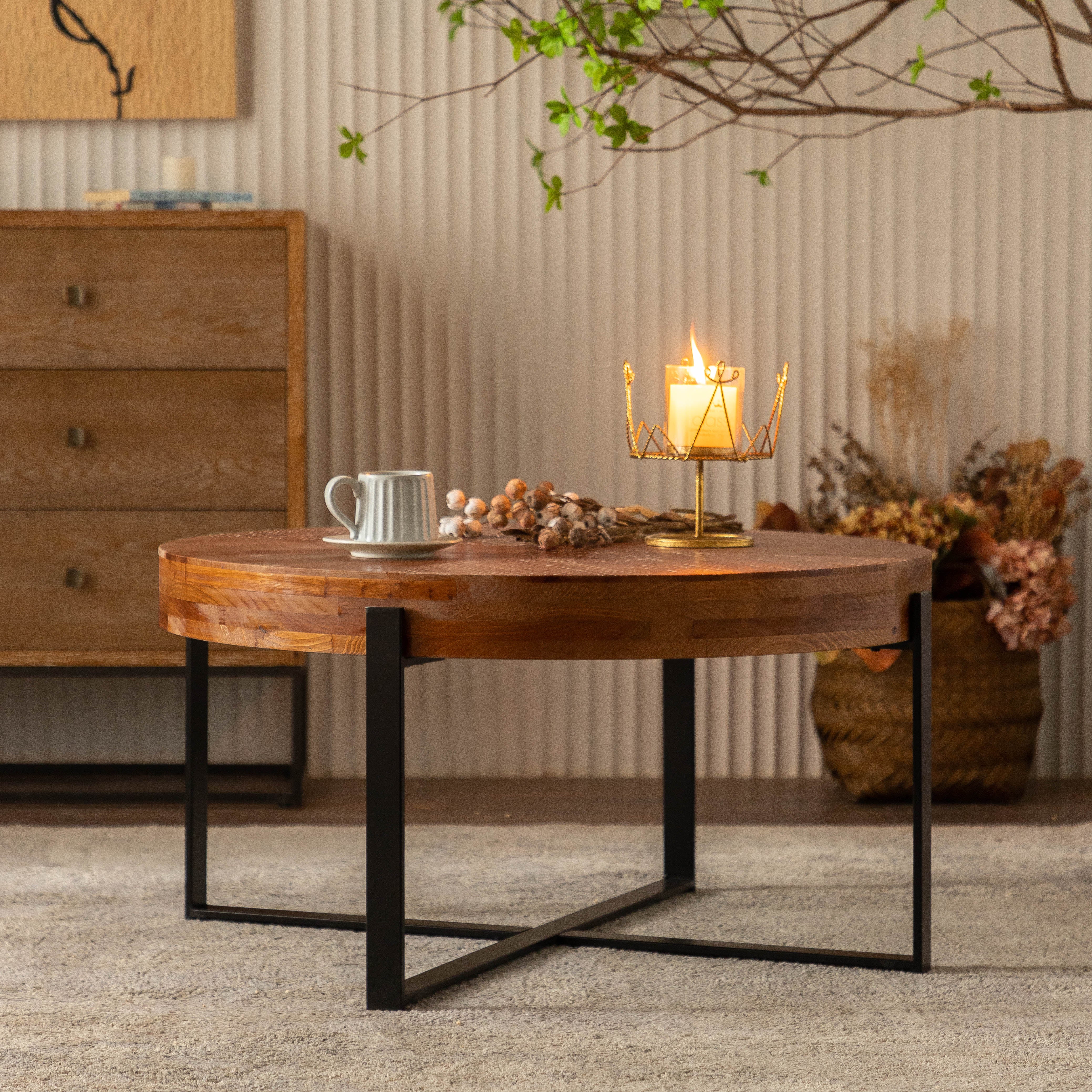 33.86"Modern Retro Splicing Round Coffee Table Fir Wood Table Top with Black Cross Legs Base(Same SKU:W757126237)