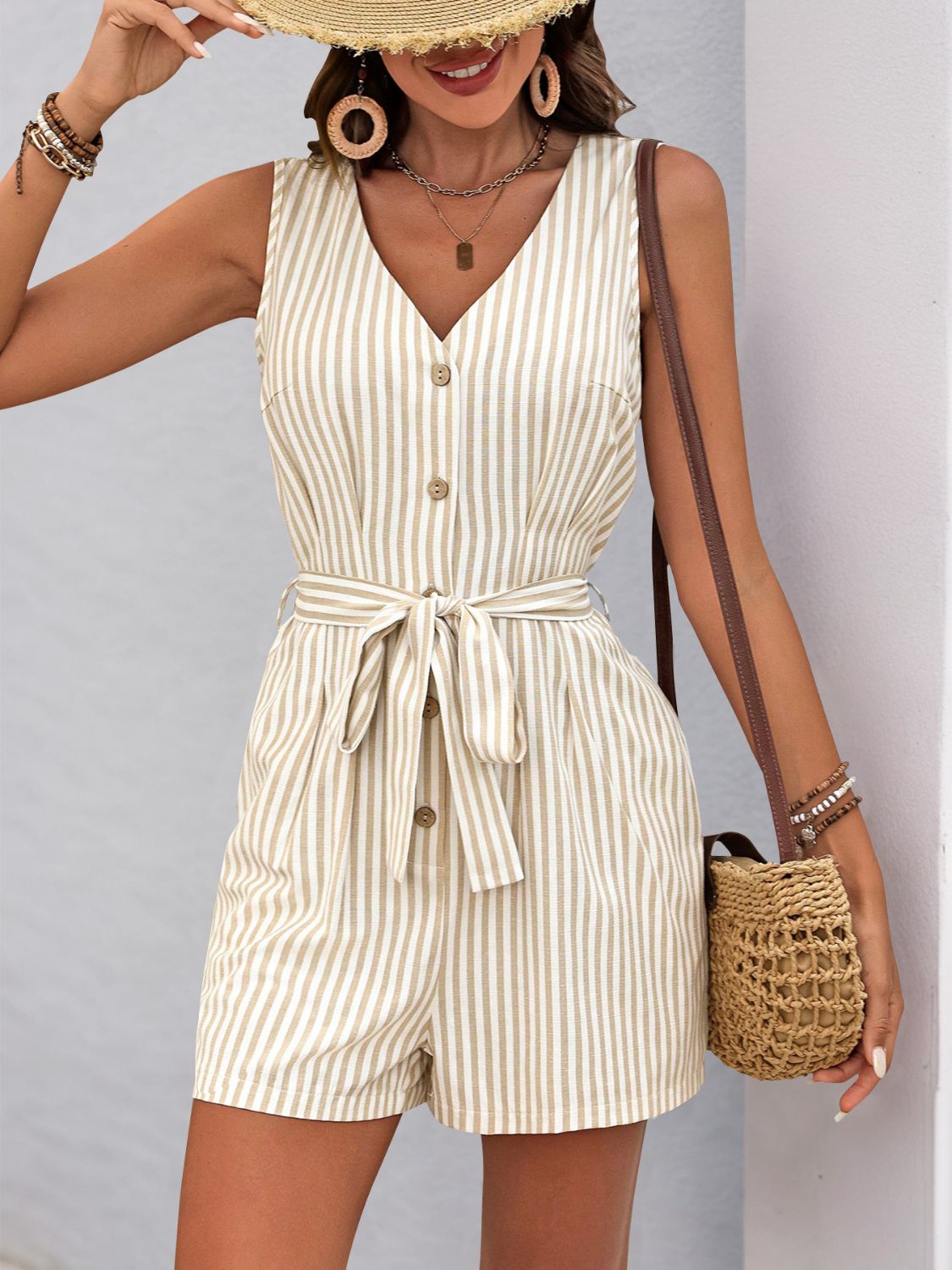 Striped V-neck tie waist romper