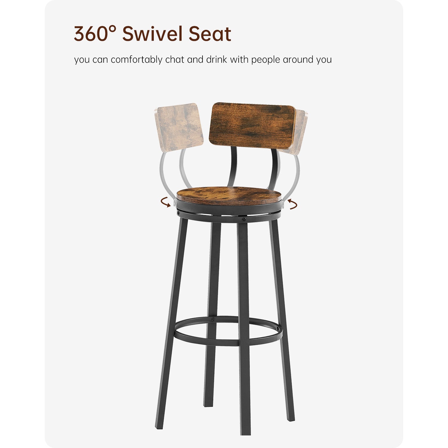 Rotating bar stool with backrest, industrial style, metal frame, 29.5 inches high rust brown, 13.4 '' long x 40.5 '' high.