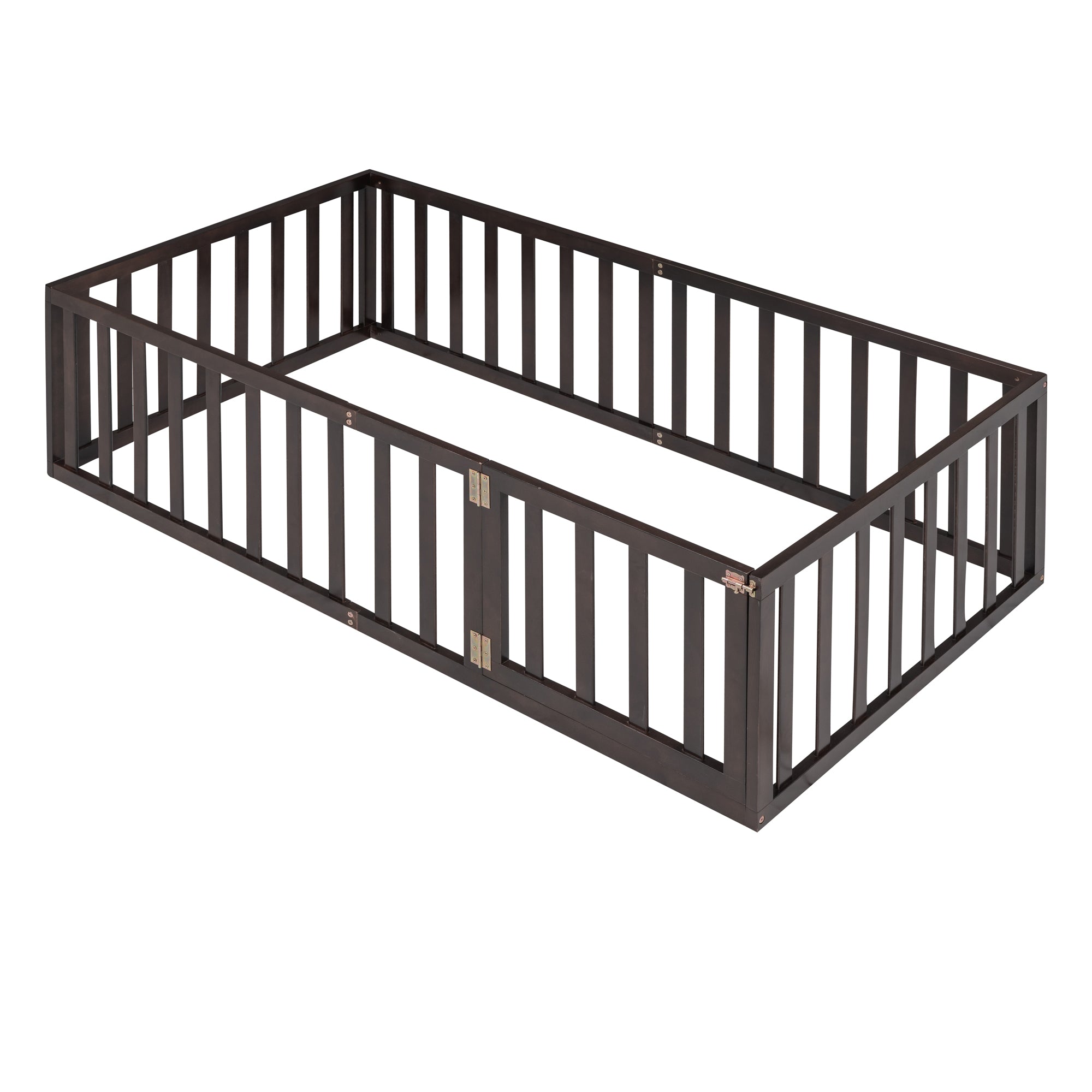 Twin Size Wood Floor Bed Frame with Fence and Door Walnut(OLD SKU :WF289661AAL)