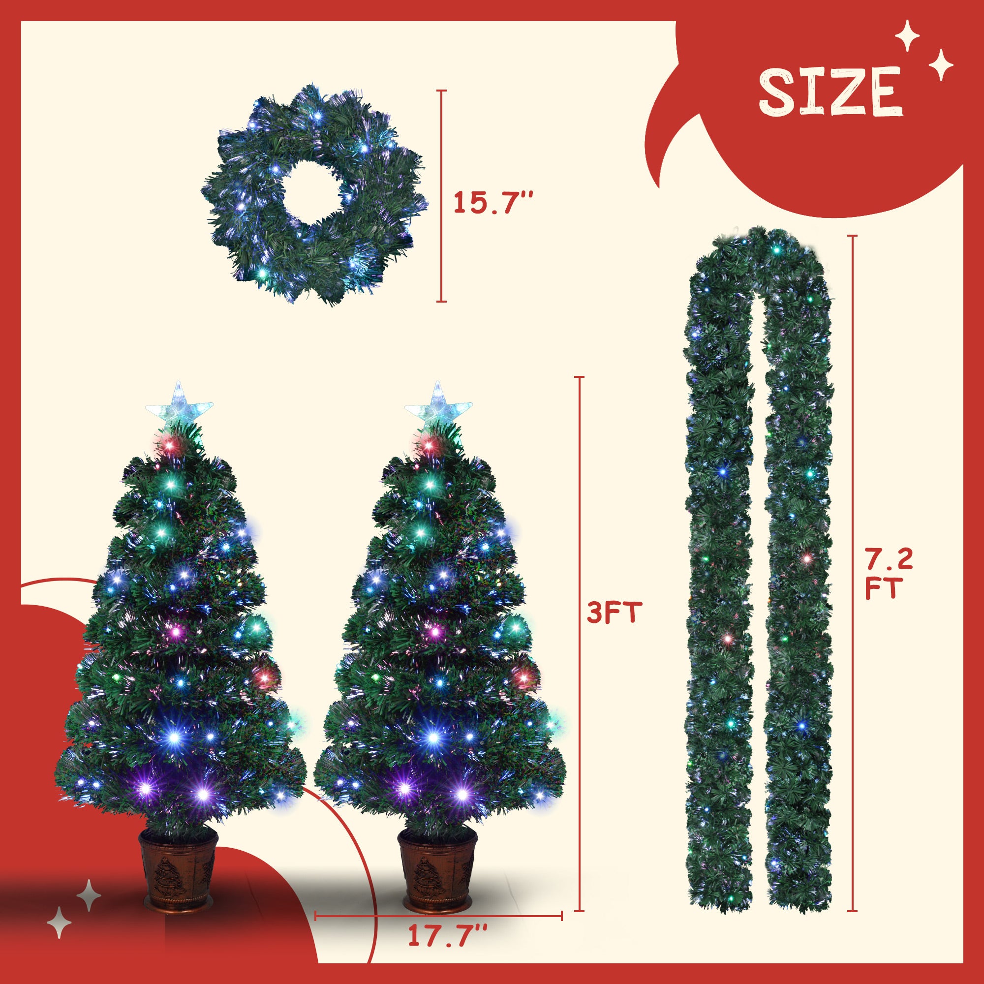 4-piece Christmas artificial tree set, Christmas wreath, wreath and 2 colored light entrance trees, PVC holiday celebration set