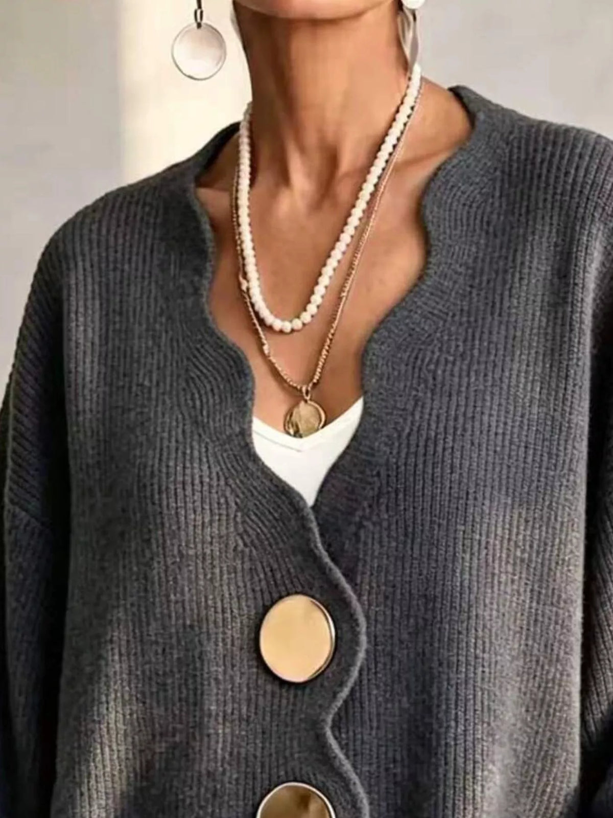 Scalloped-edge oversized button-down cardigan