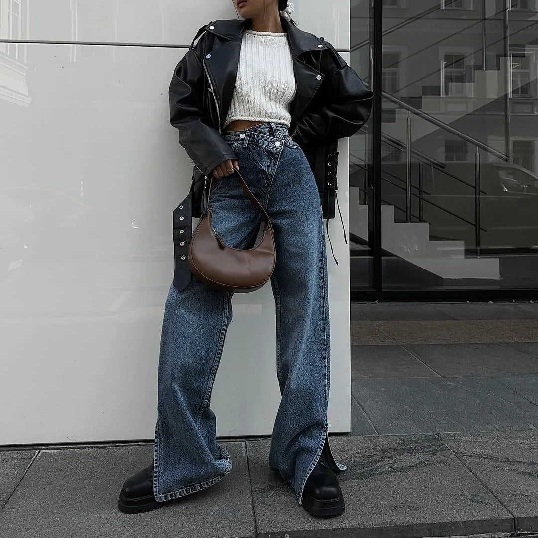Crossover-waist wide jeans