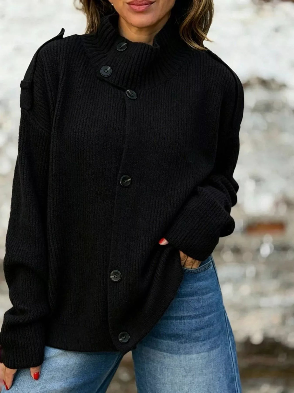 Mock-neck button cardigan – black