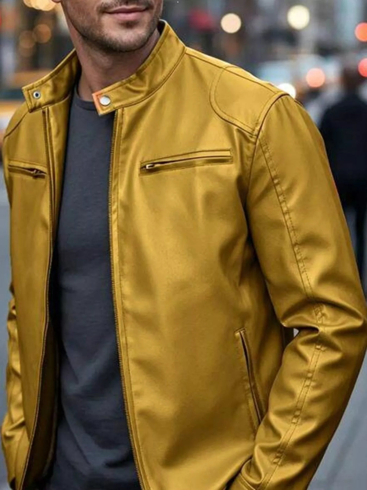 Faux leather bomber jacket with zipper pockets, Yellow