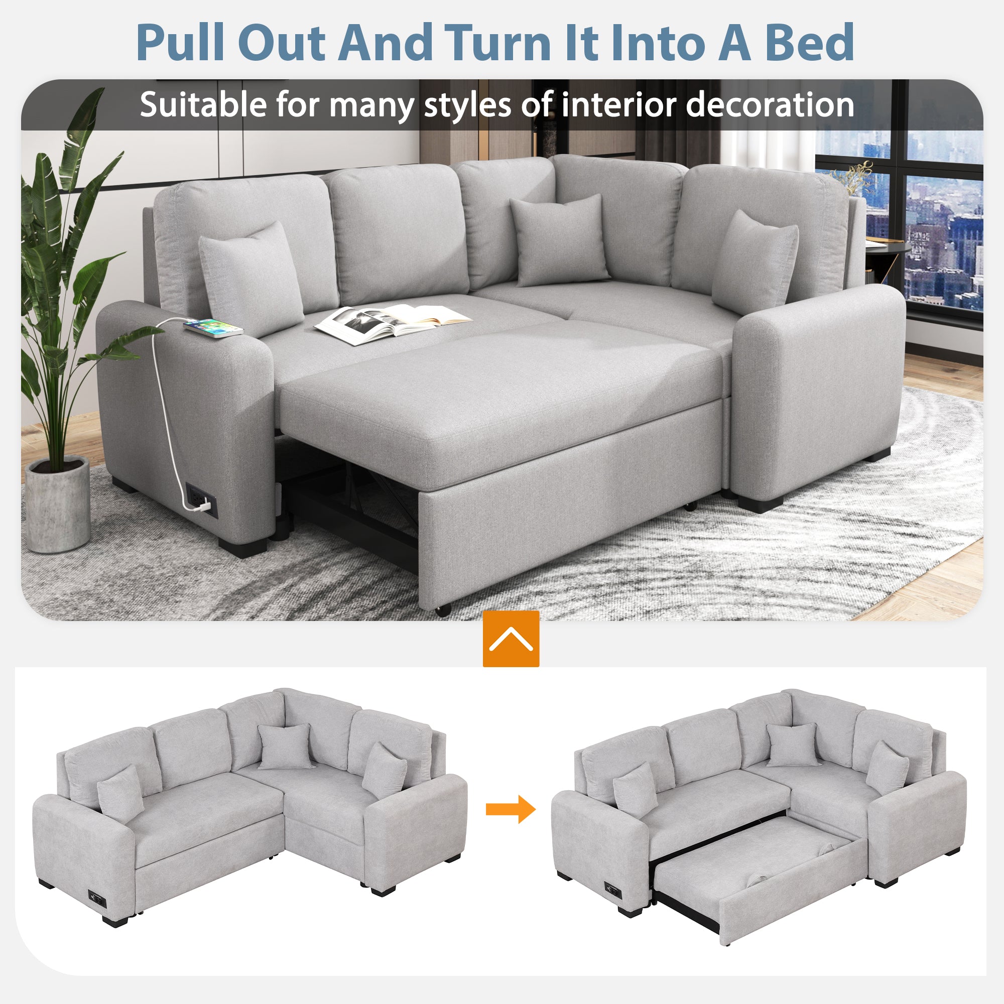 87.4"Sectional Sleeper Sofa with USB Charging Port and Plug Outlet Pull-Out Sofa Bed with 3 Pillows Grey