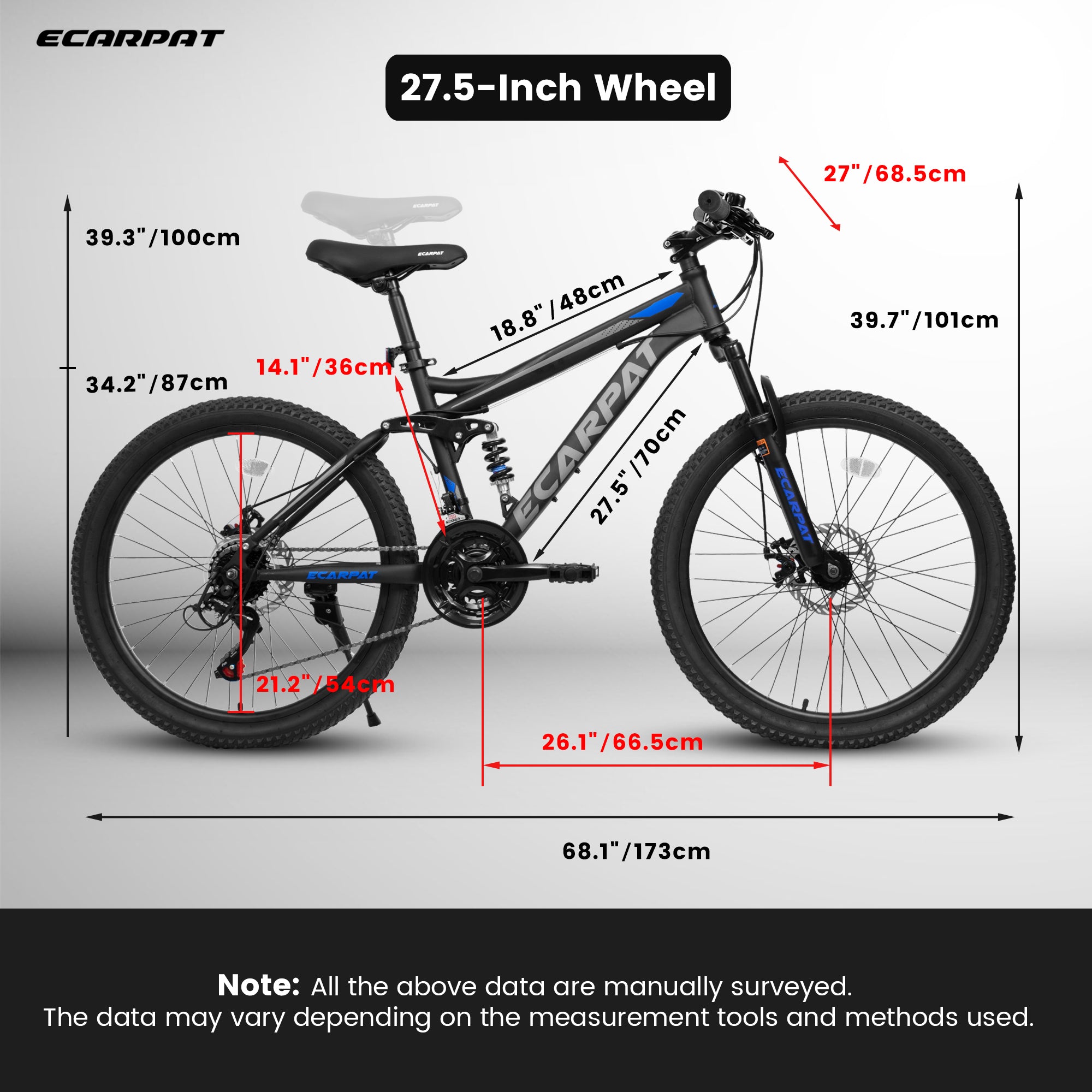 Ecarpat 27 inch wheels, 21 speed fully suspended off-road mountain bike, carbon steel frame disc shock absorber bike