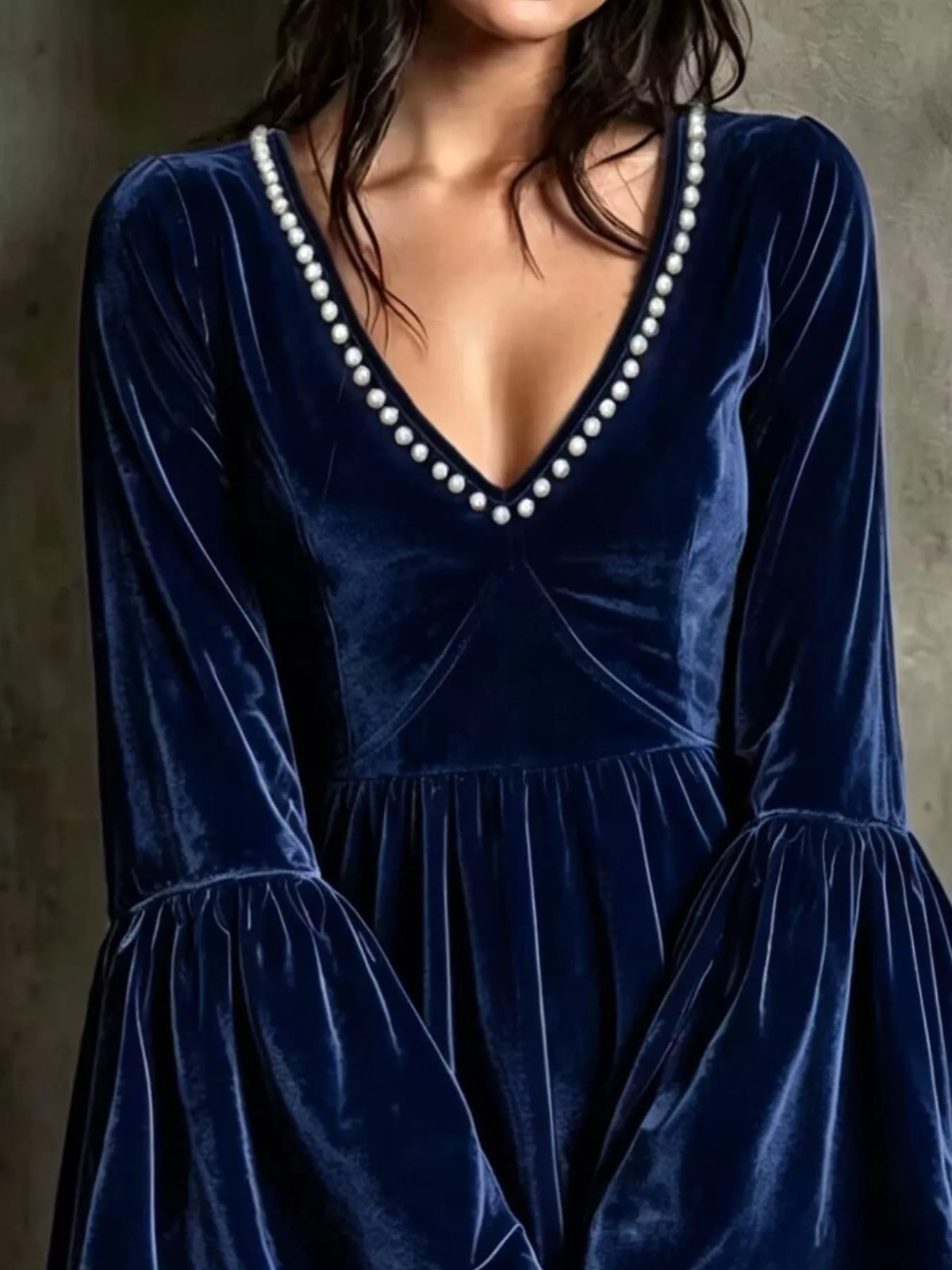 Velvet bell-sleeve mini dress with pearl embellished V-neck