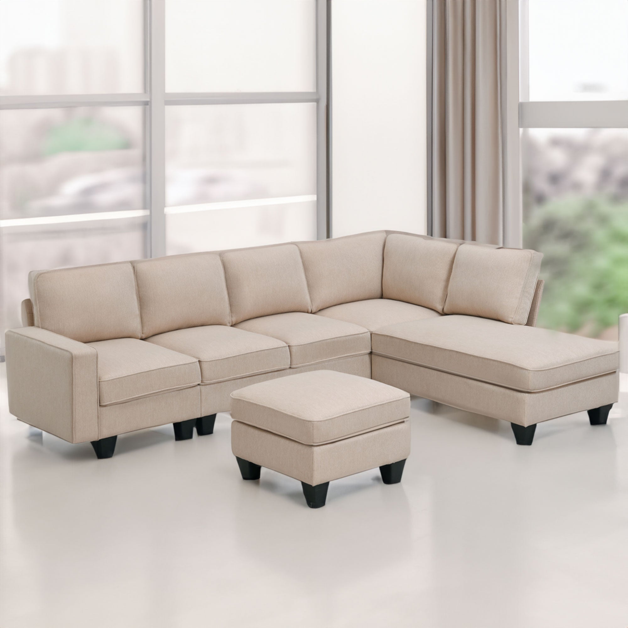 104.3*78.7" Modern L-shaped Sectional Sofa 7-seat Linen Fabric Couch Set with Chaise Lounge and Convertible Ottoman