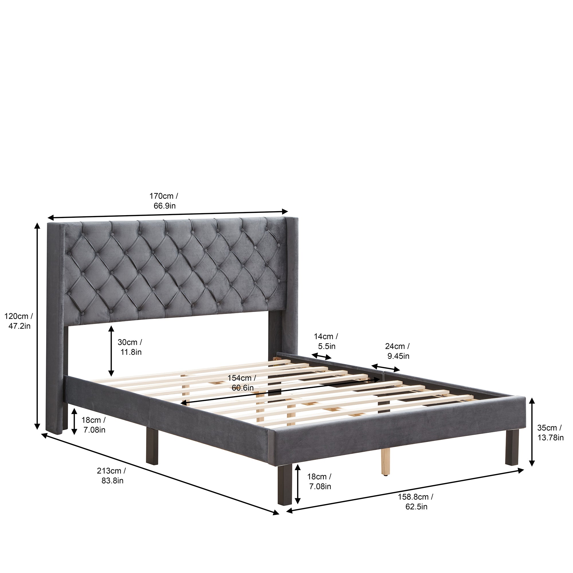 Velvet Button Tufted-Upholstered Bed with Wings Design - Strong Wood Slat Support - Easy Assembly - Gray Queen platform bed