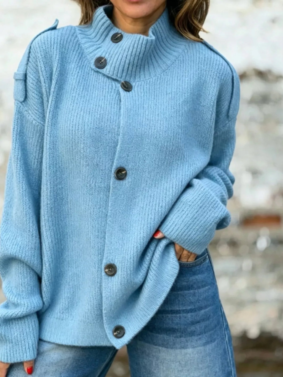 Mock-neck button cardigan – sky blue