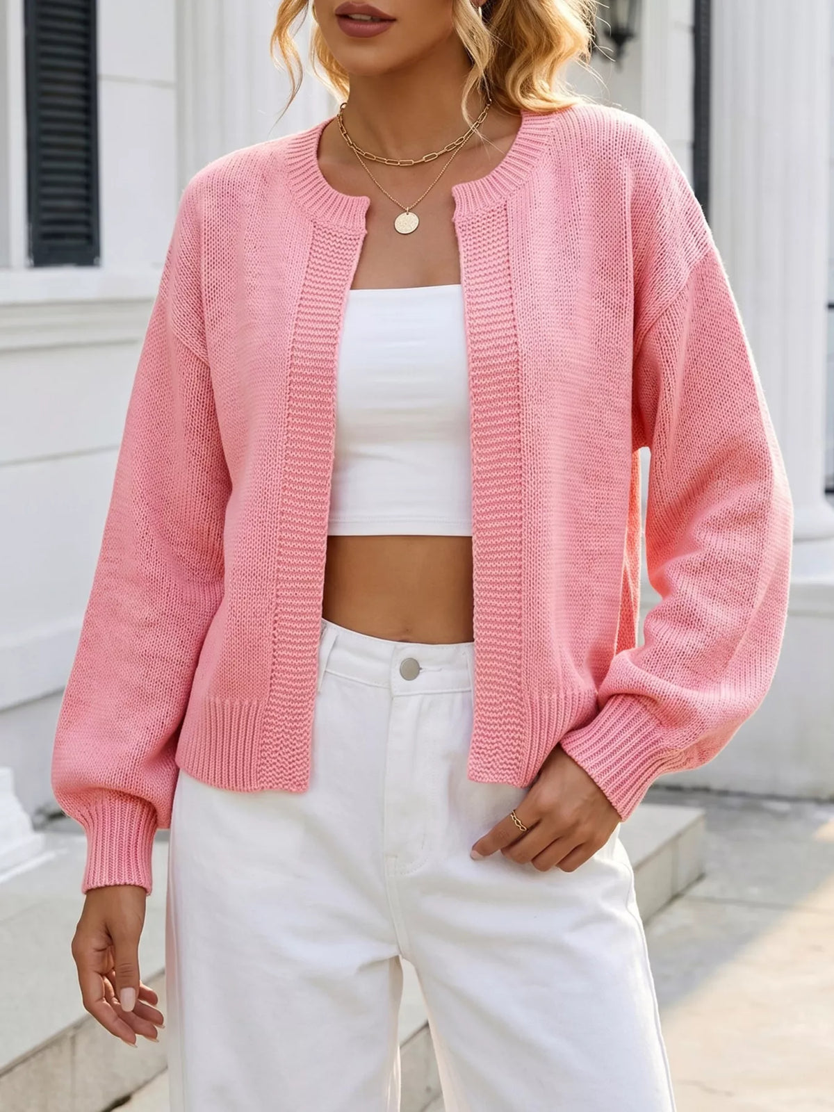Casual open-front knit cardigan with ribbed trim, Pink