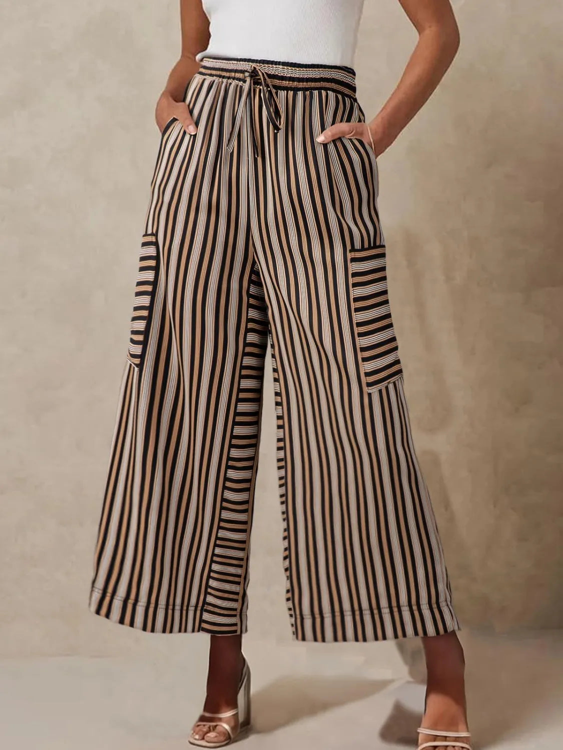 Contrast striped wide leg pants, Black
