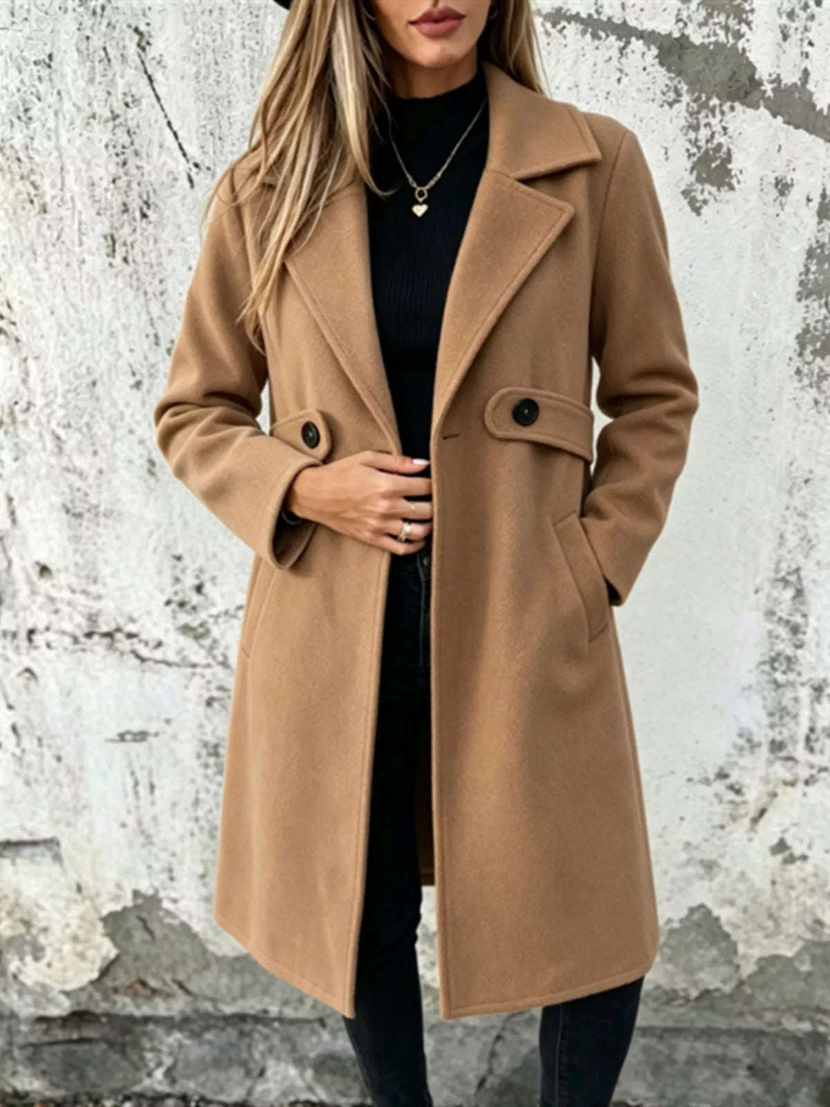 Lapel collar longline overcoat, Khaki