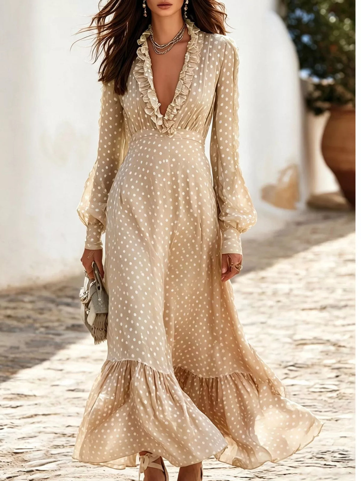 Polka-dot ruffle maxi dress