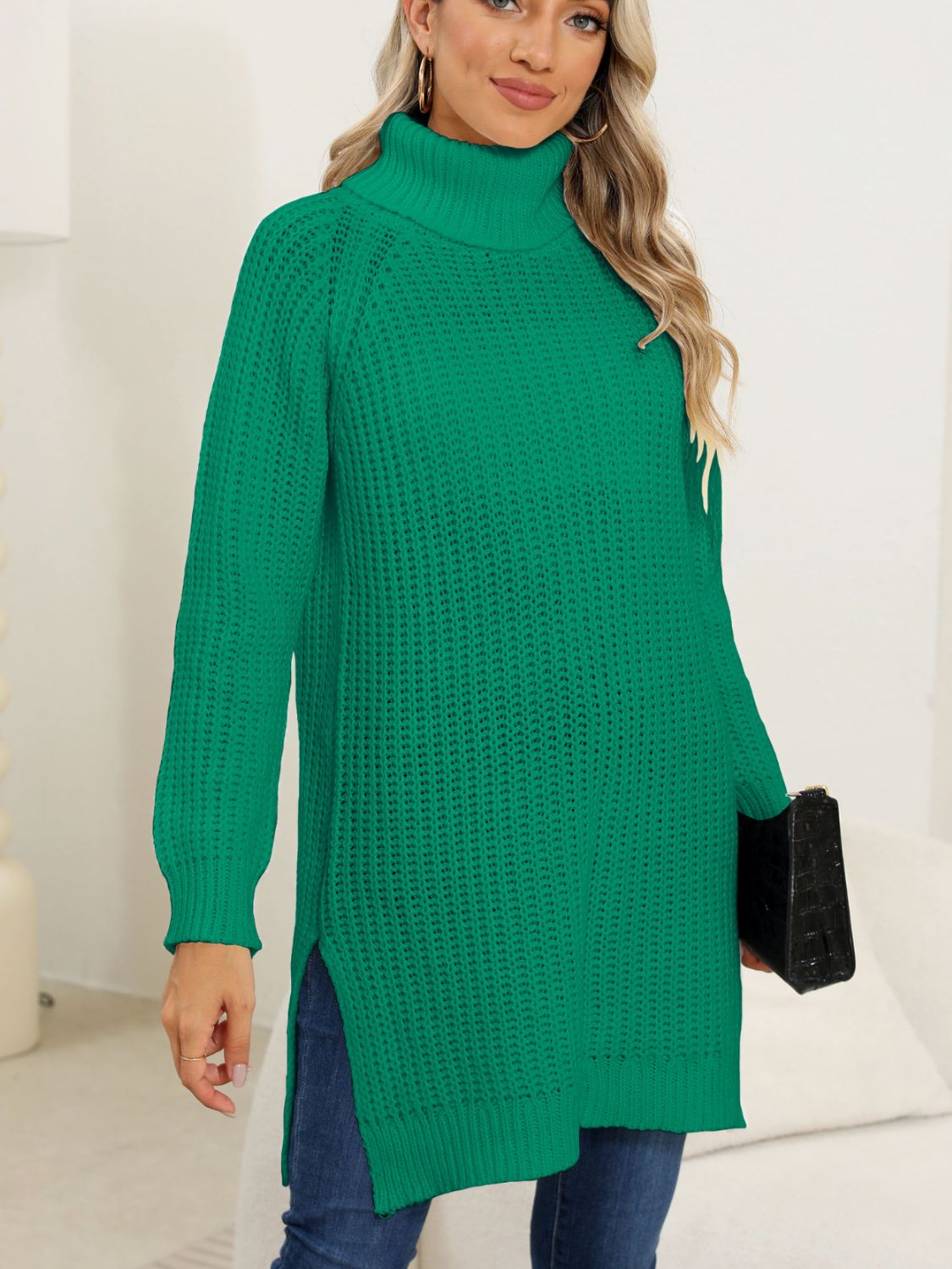 Slit turtleneck long sleeve sweater