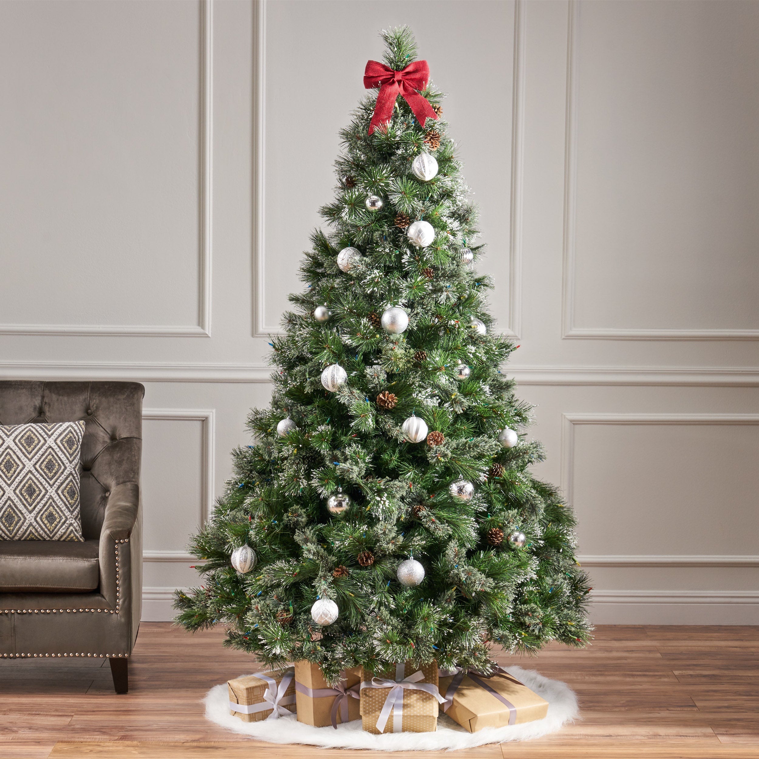 7' Cashmere and Snow Bristle Mixed Tree with 75Pine Cones and 900 LED Lights-UL,1233tips,Dia.:59