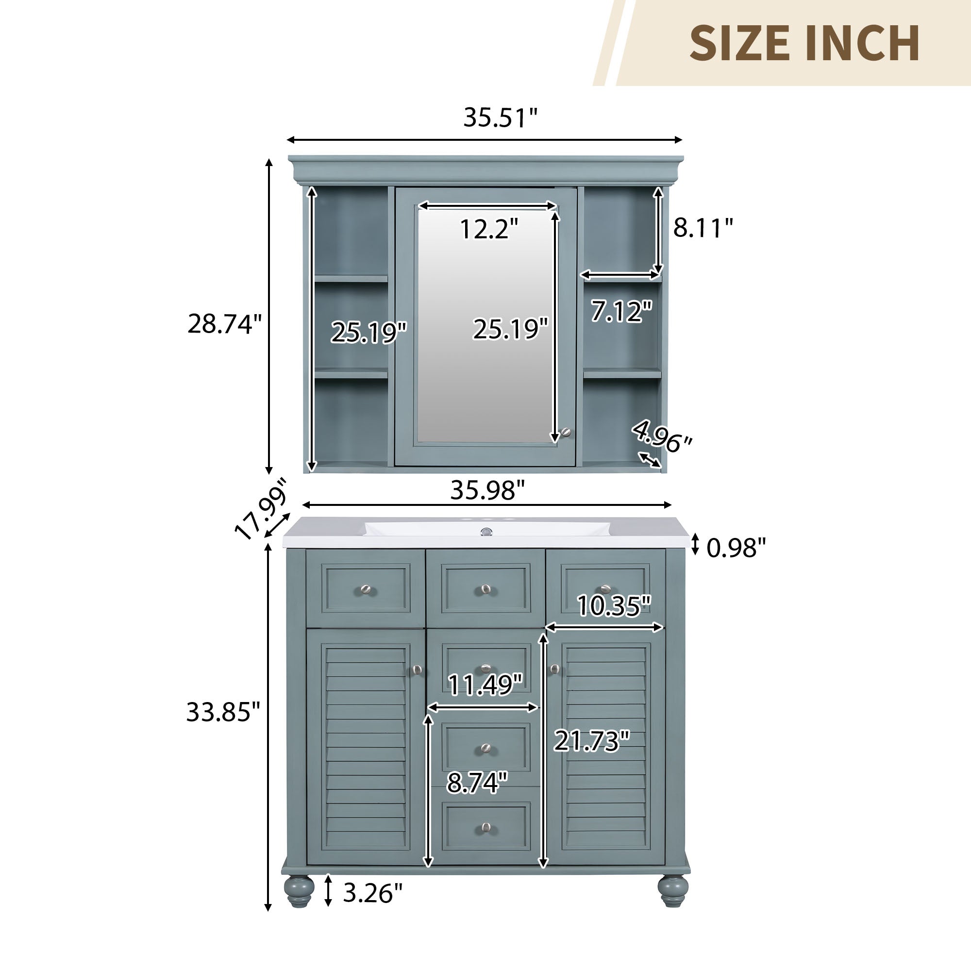 36 inch modern mirror cabinet with adjustable shelves, 2 soft closing doors, and 6 drawer storage cabinet door organizers