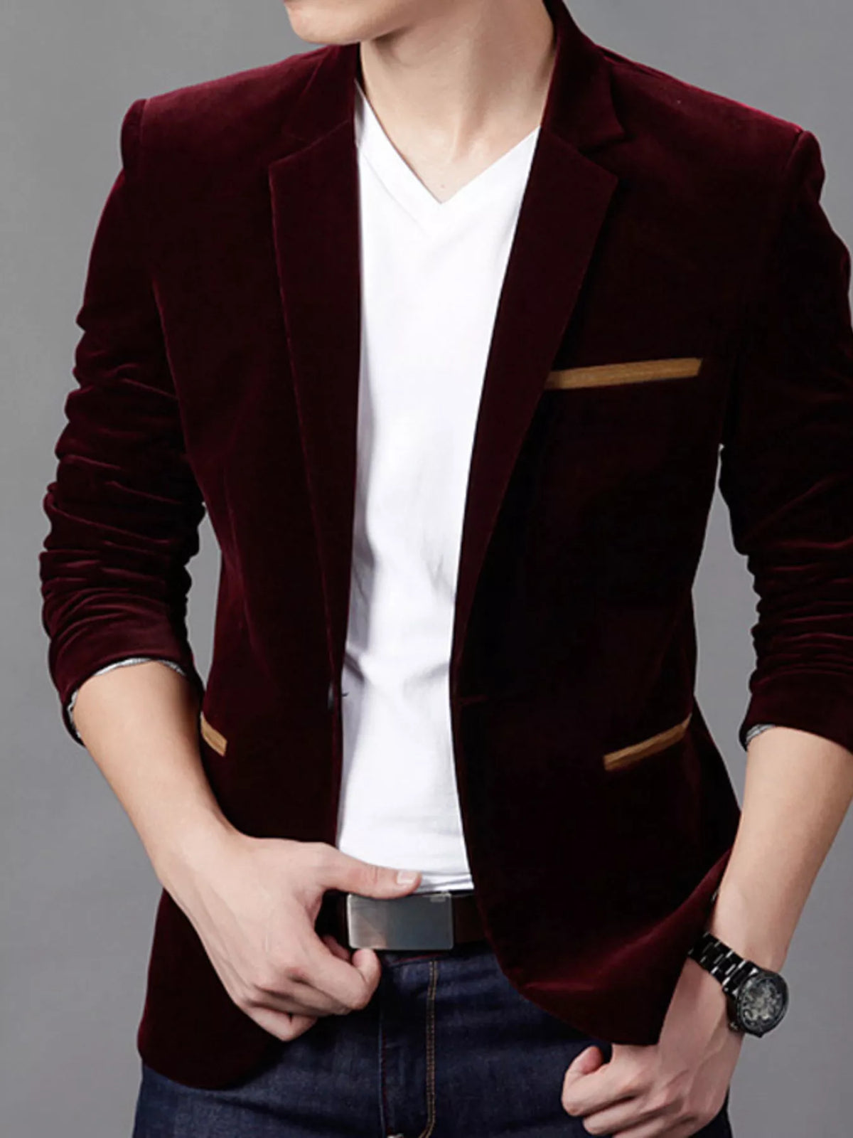 Slim fit velvet blazer, Burgundy