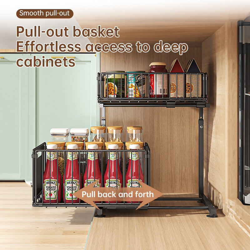 2-tier pull-out cabinet organizer, adjustable kitchen basket, under-sink organizer, spice rack, drawer slide.