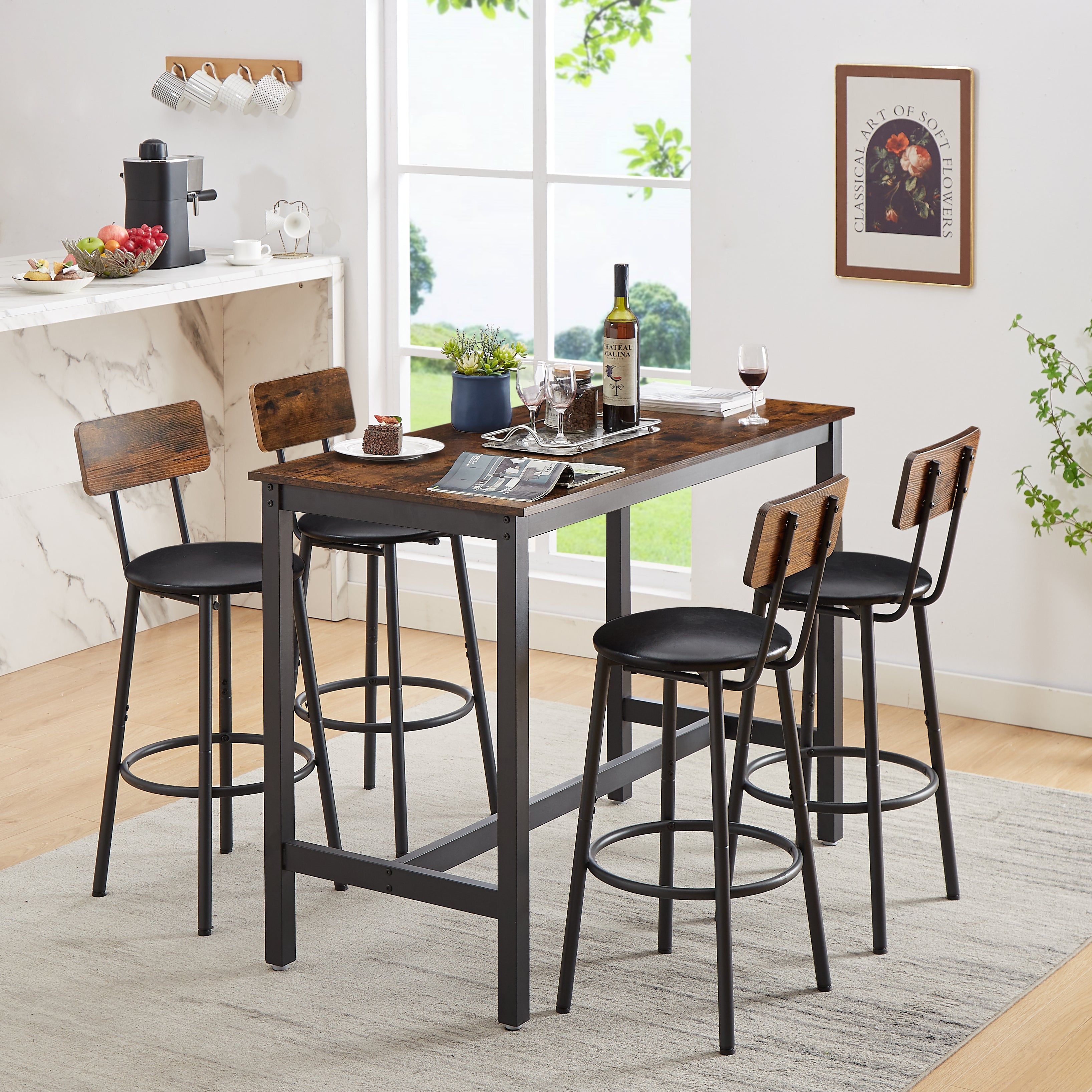 Bar Table Set with 4 Bar stools PU Soft seat with backrest Rustic Brown 47.24'' L x 23.62'' W x 35.43'' H