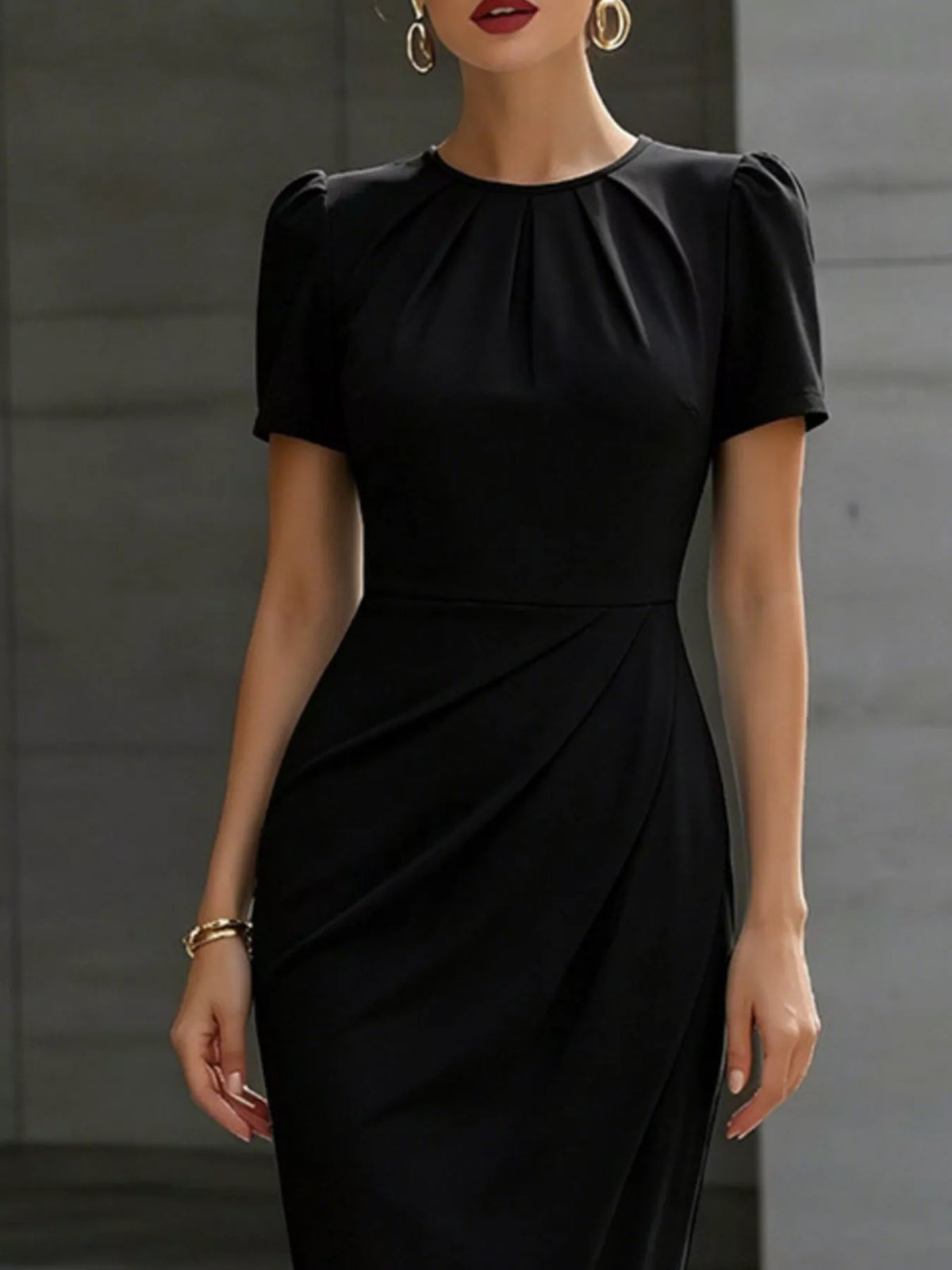 Ruched short-sleeve midi dress