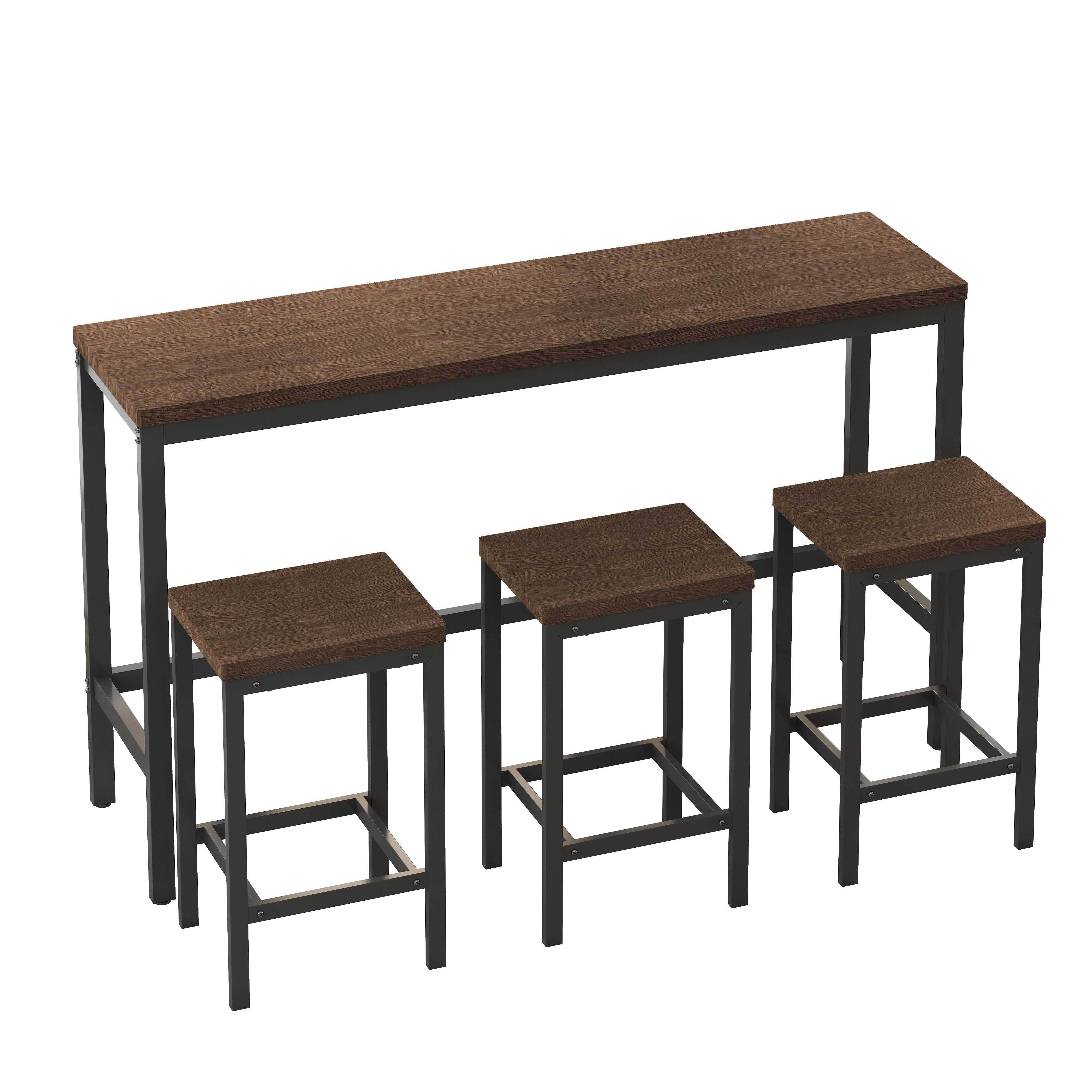 Modern Design Kitchen Dining Table Pub Table Long Dining Table Set with 3 Stools Easy Assembly Dark Brown