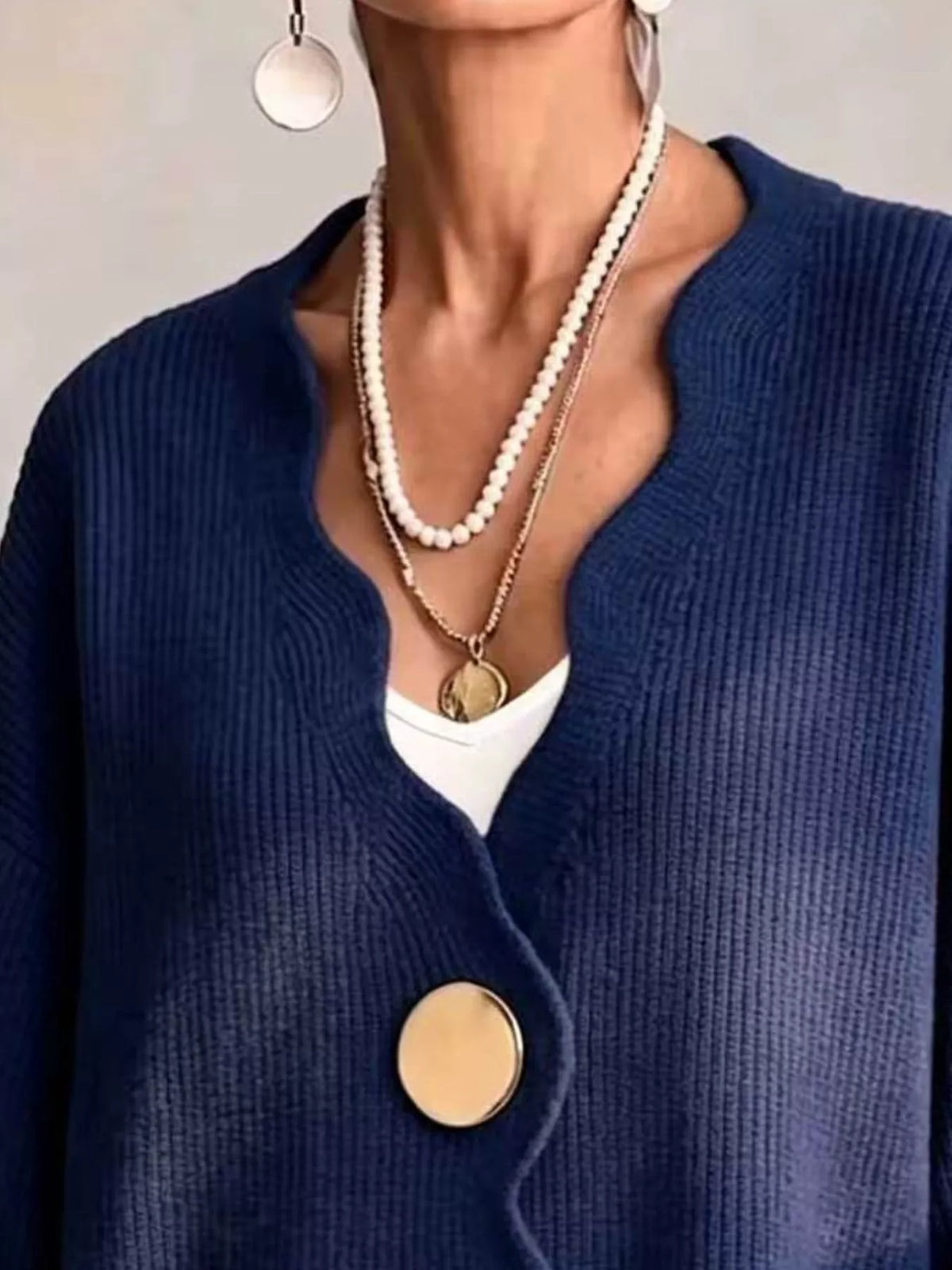 Scalloped-edge oversized button-down cardigan