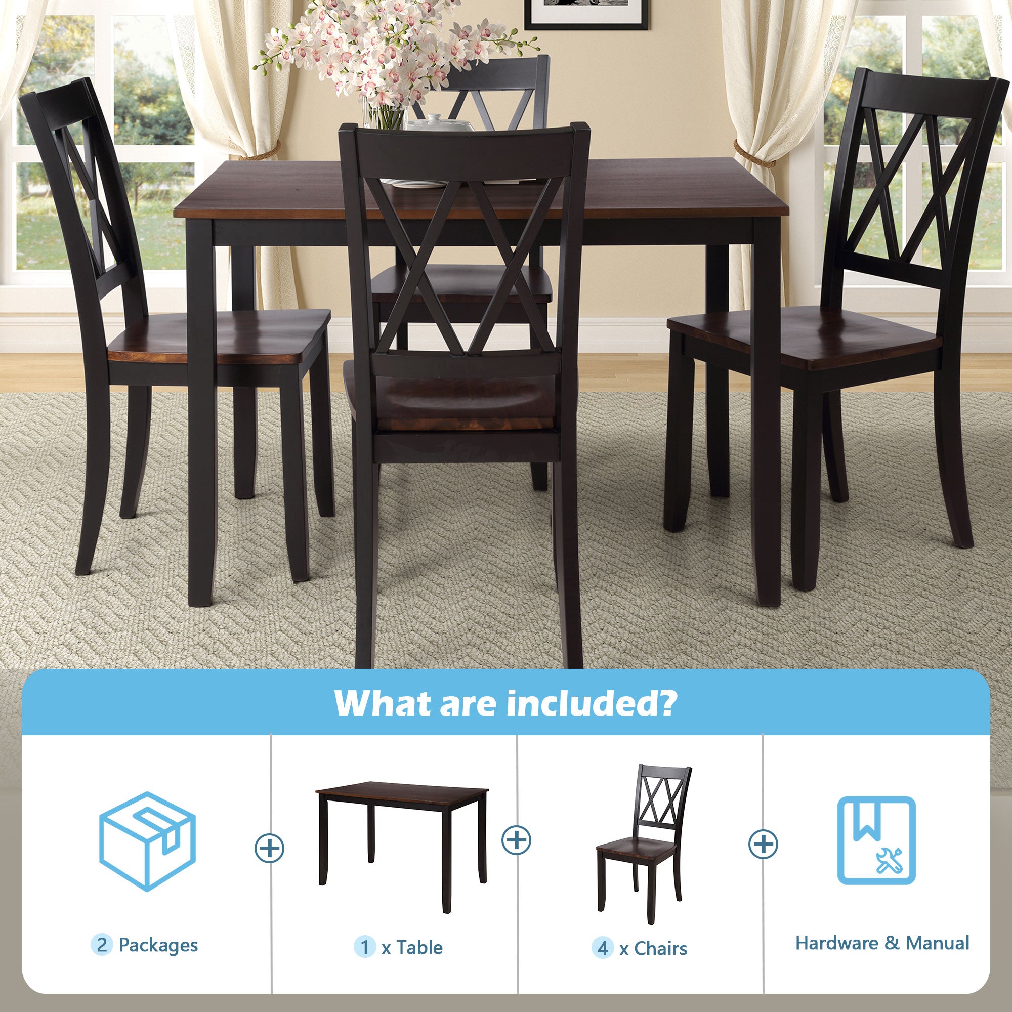 TOPMAX 5-Piece Dining Table Set Home Kitchen Table and Chairs Wood Dining Set  Black+Cherry