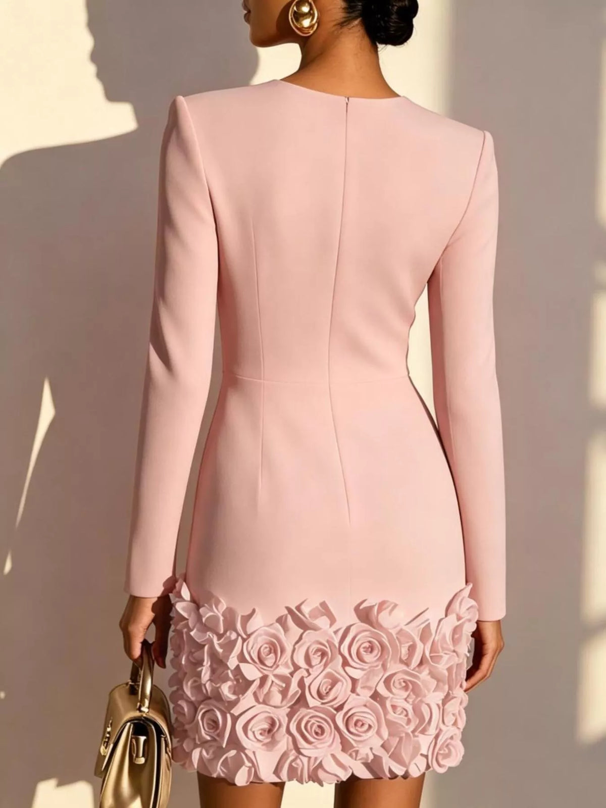 Rose-hem long-sleeve mini dress